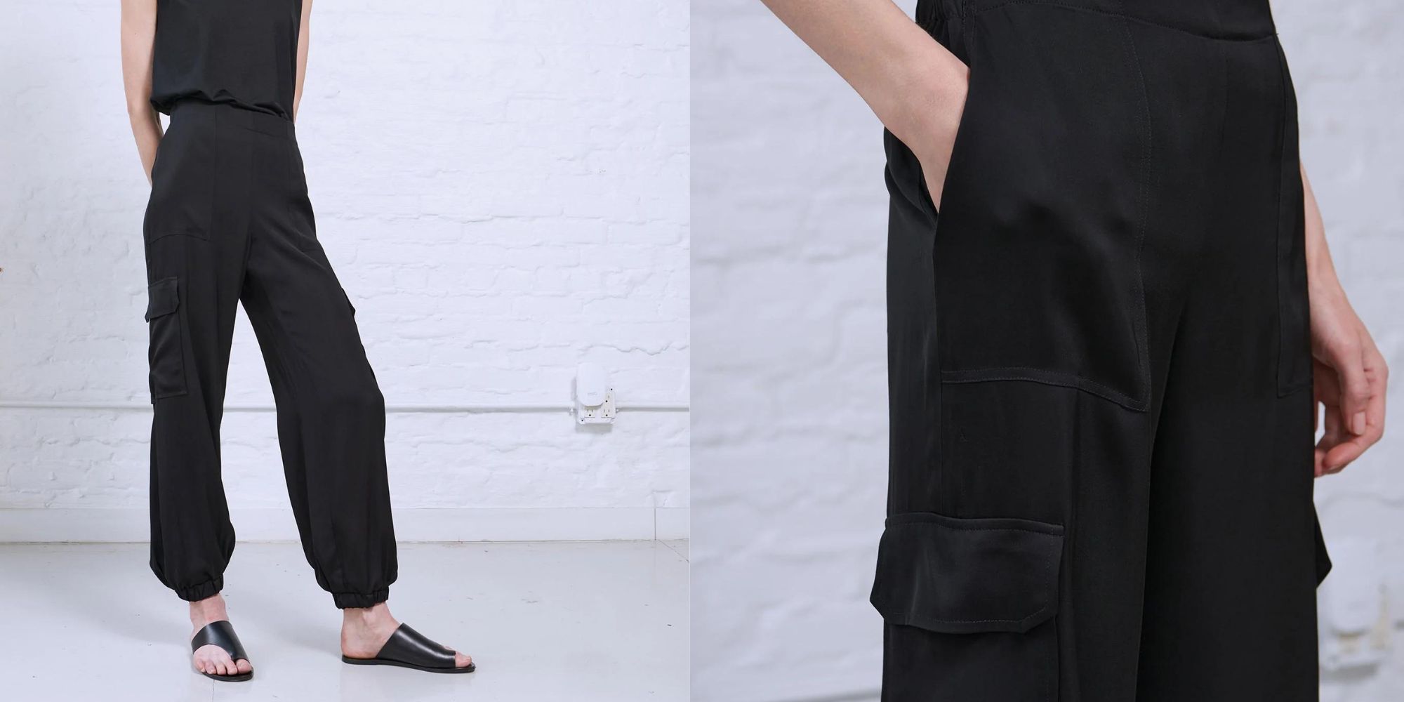 Black silky cargo pants responsibly made by Minimalist.