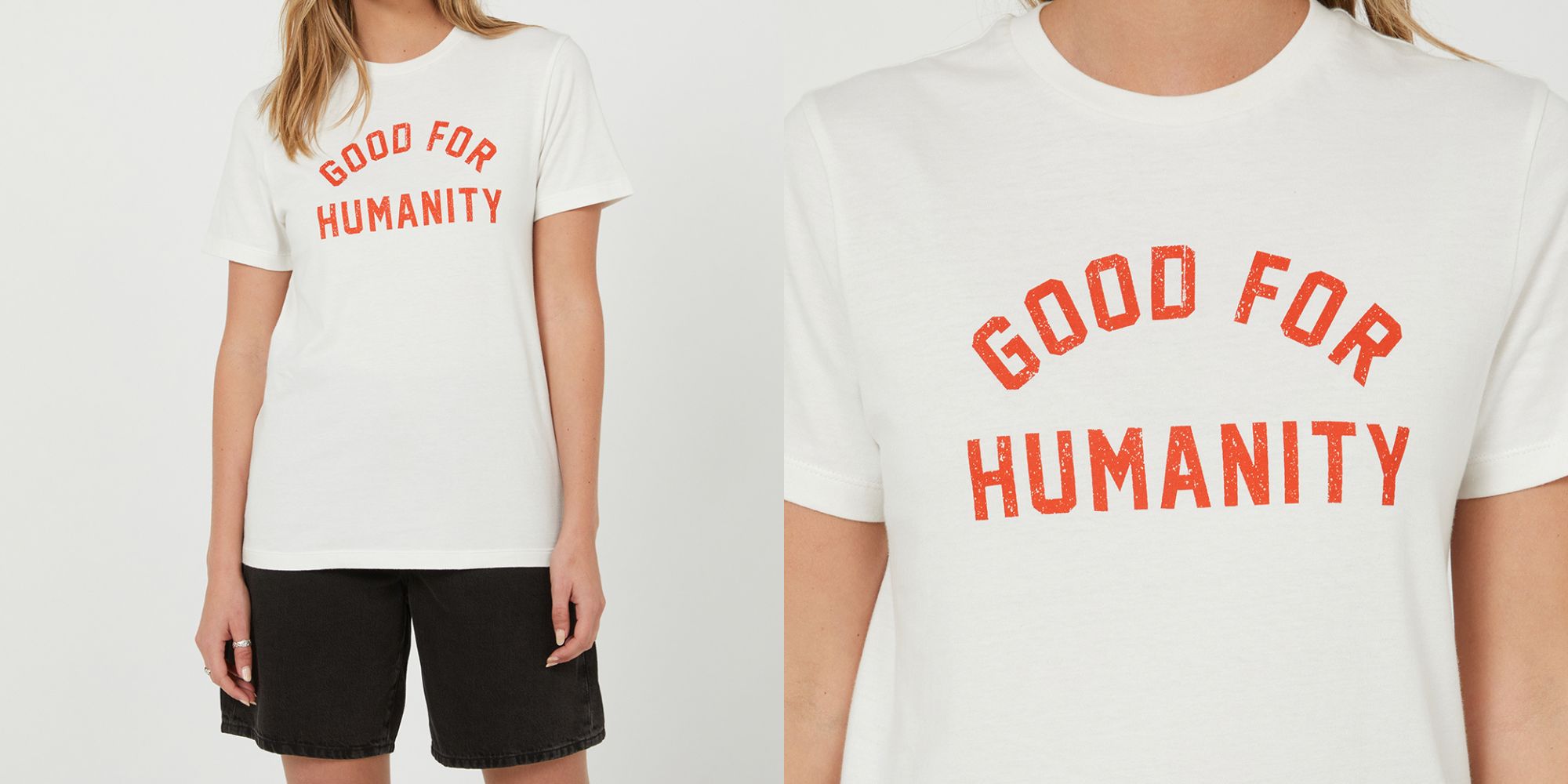 A white organic t-shirt with red lettering saying GOOD FOR HUMANITY on the front by Outland Denim.