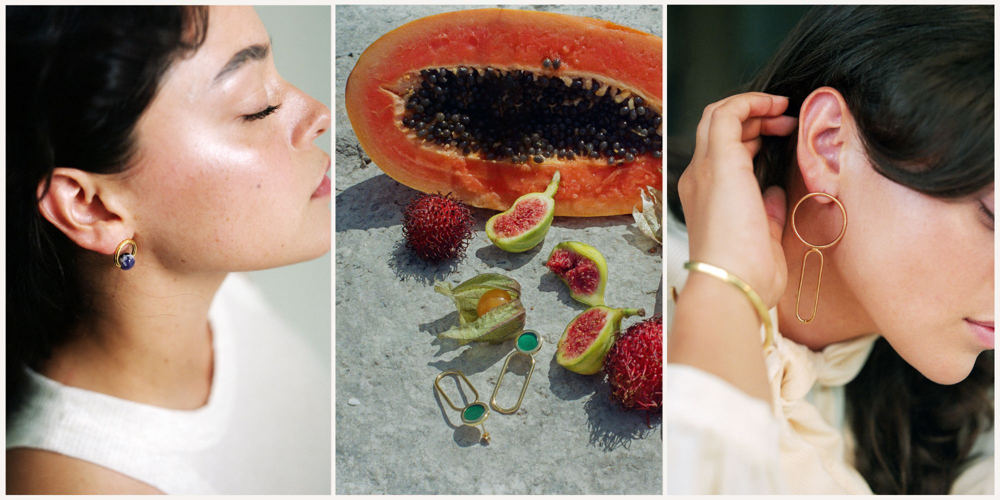 Three images of Raven + Lily's new geometric gold-plated eco jewellery.