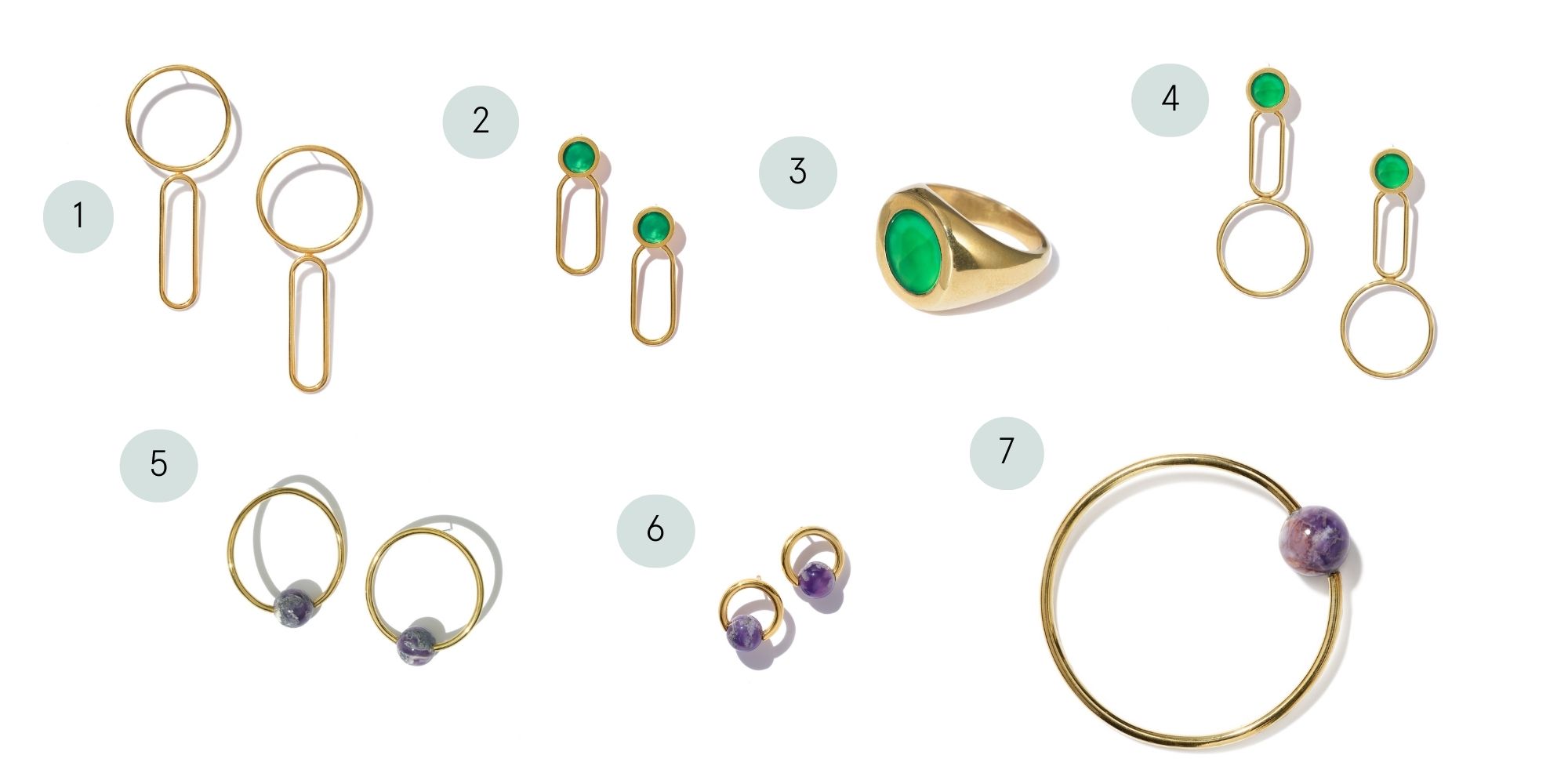 Seven ethically made gold plated jewellery styles by Raven + Lily.