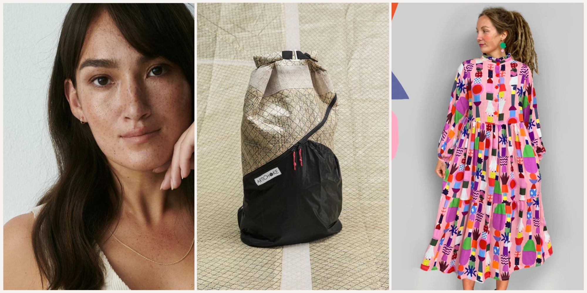 Three responsible fashion brand images side by side from Dear Darling Berlin, Artichoke, and Doops Designs.