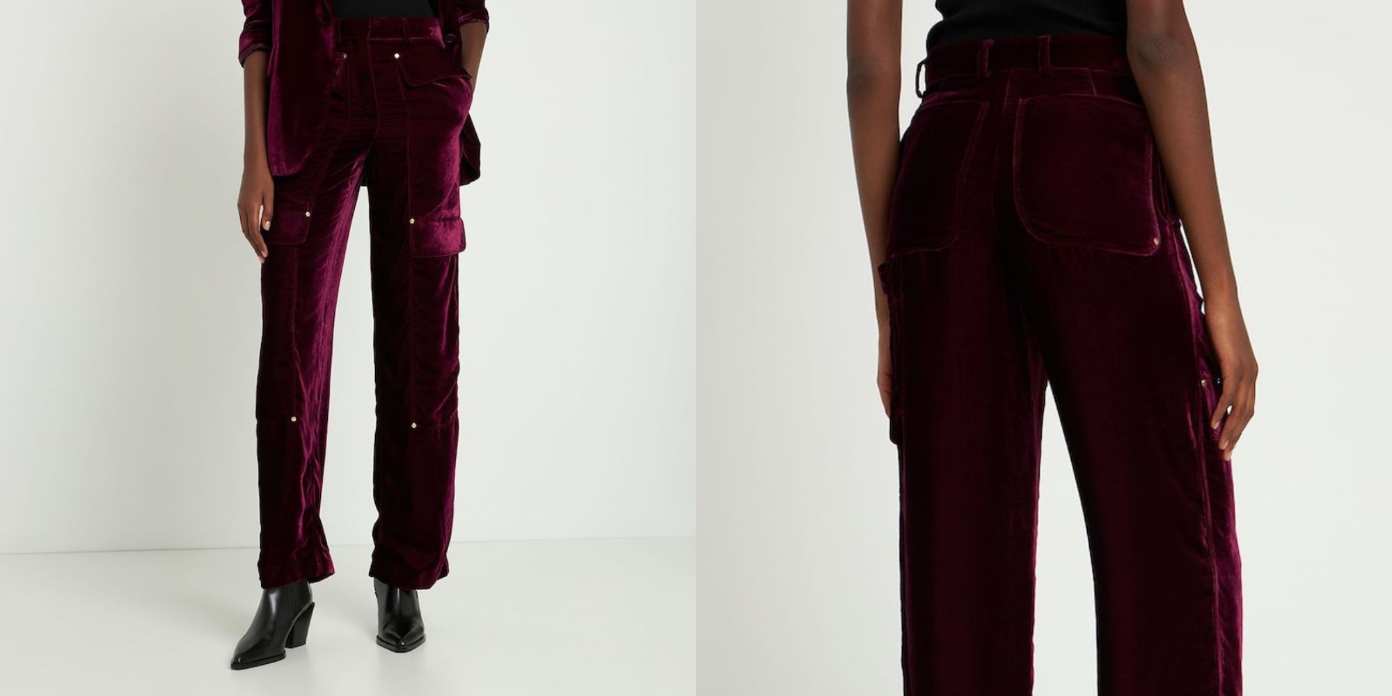Red velvet eco cargo trousers by Stella McCartney.