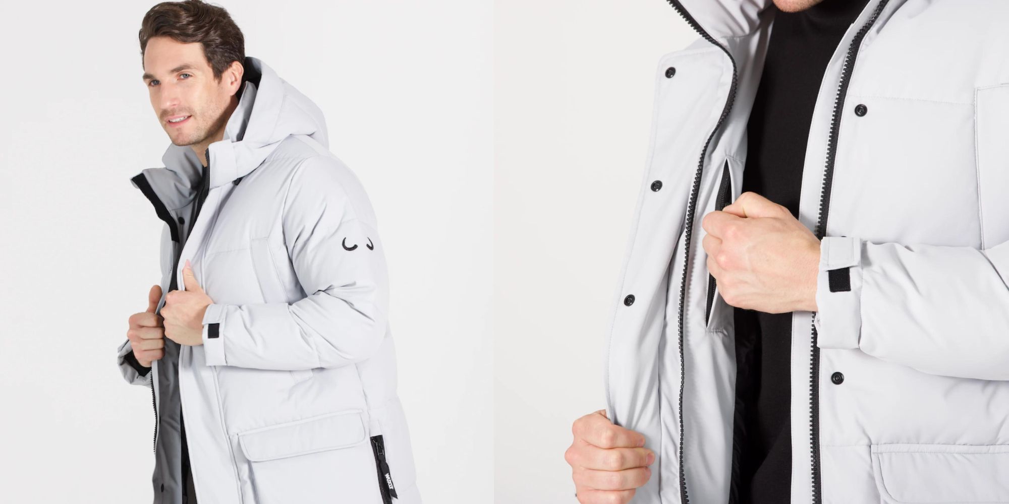 A white vegan Canadian puffer jacket sustainably made by Wuxly.