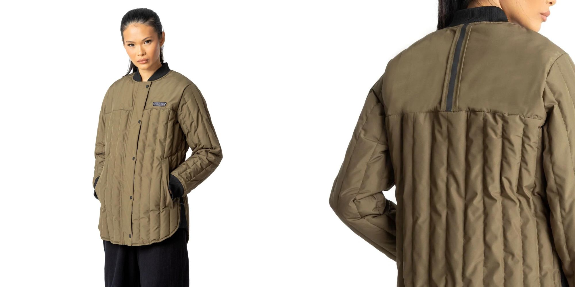 A womenswear green vegan Canadian puffer jacket sustainably made by Wuxly.