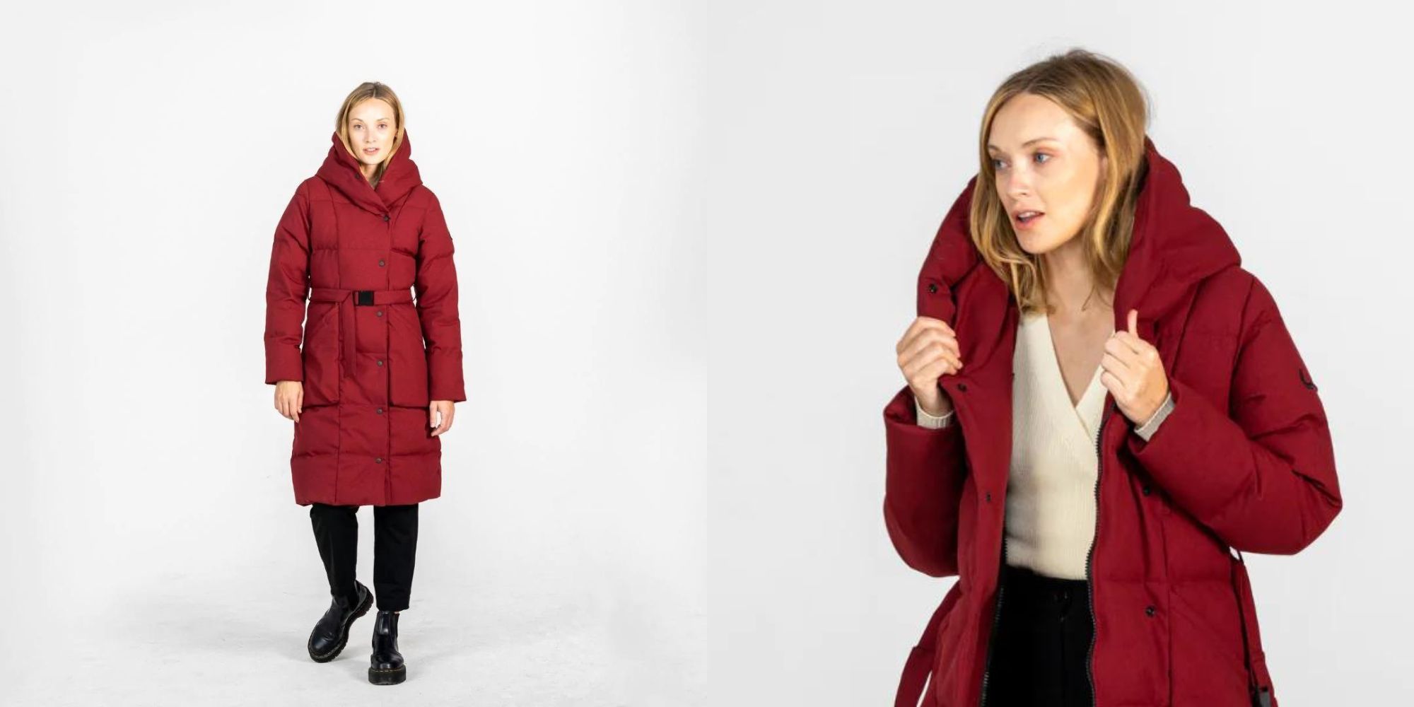 A long red vegan Canadian puffer jacket sustainably made by Wuxly.
