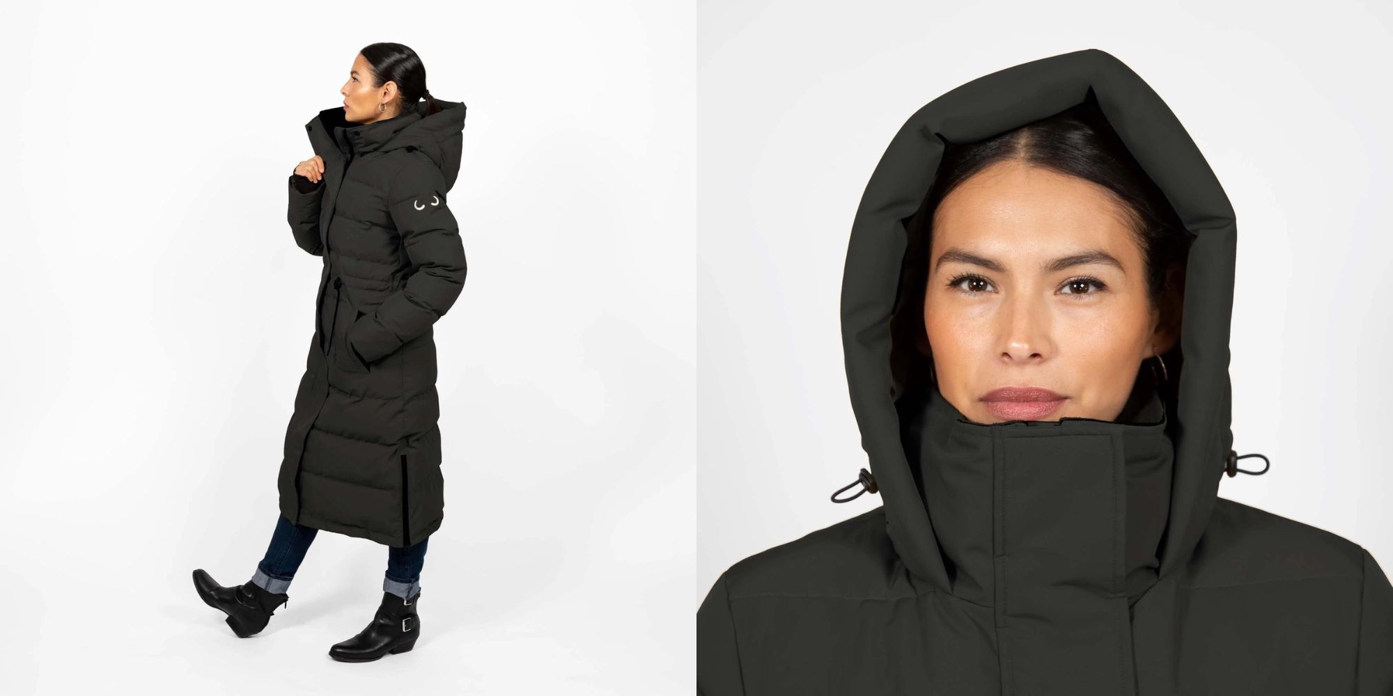 A long black vegan Canadian puffer jacket sustainably made by Wuxly.