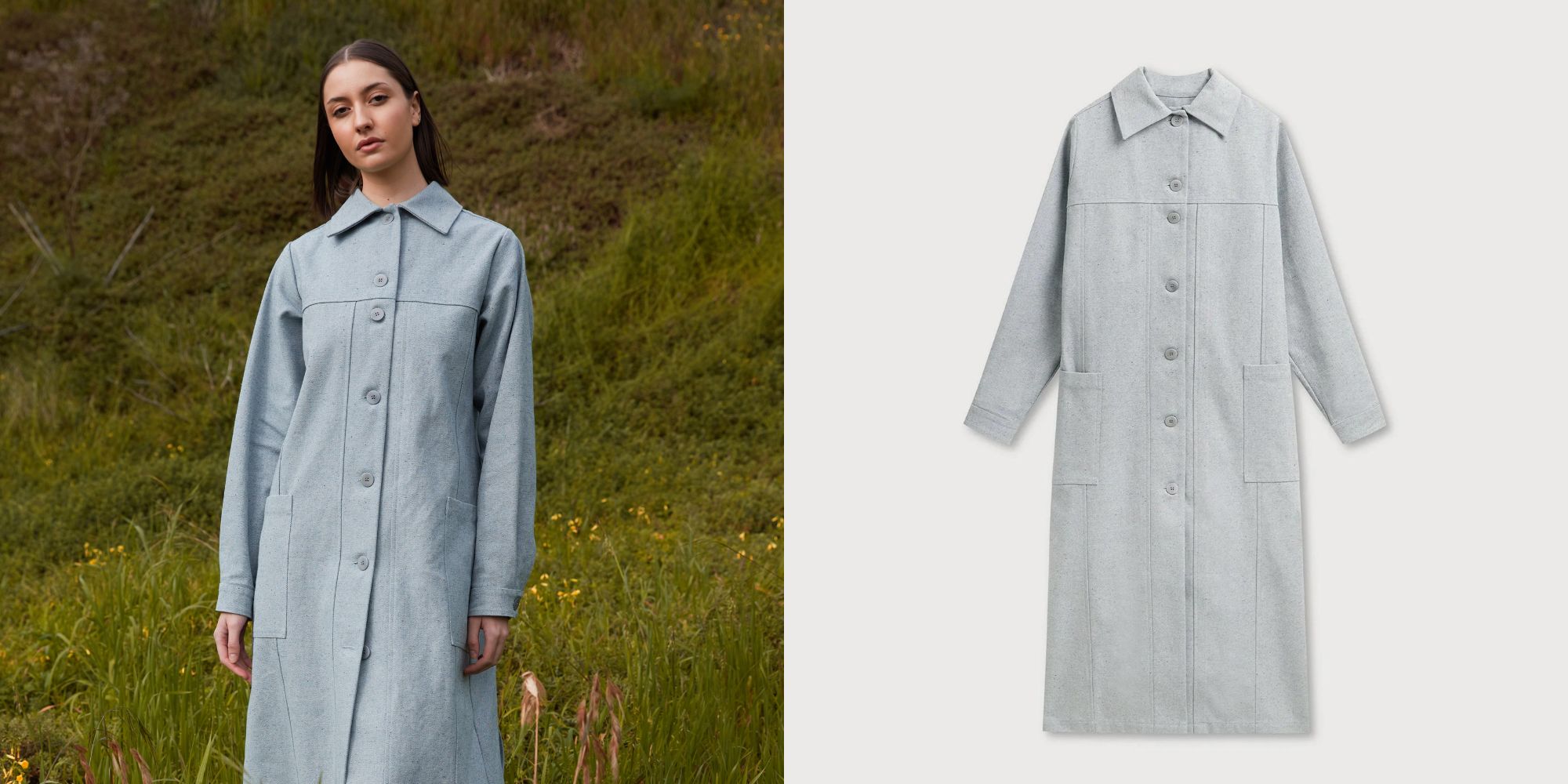 A light wash recycled denim trench coat responsibly made by A.BCH.