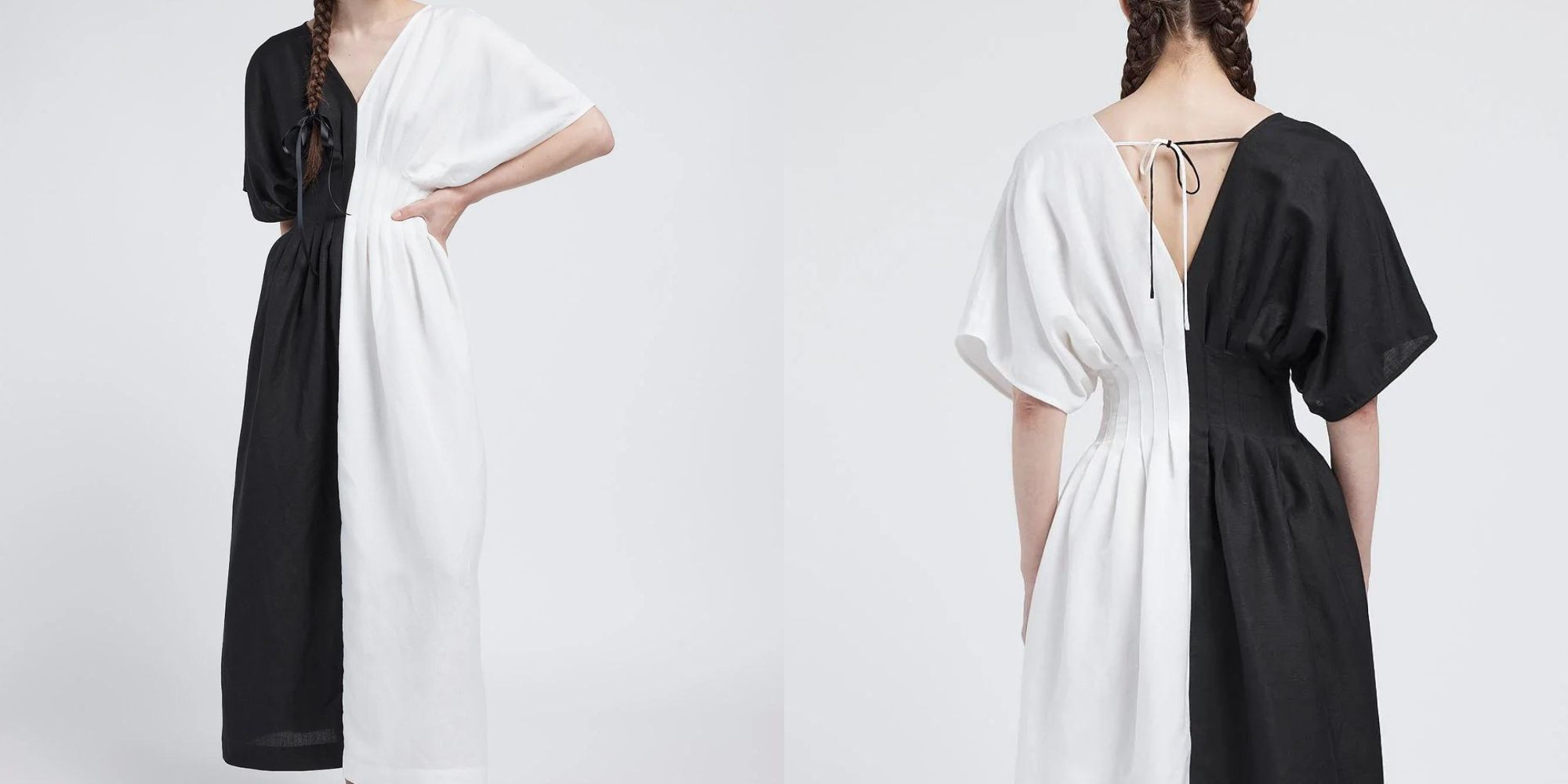 A black and white dress with the colour split vertically down the middle by Kalaurie.