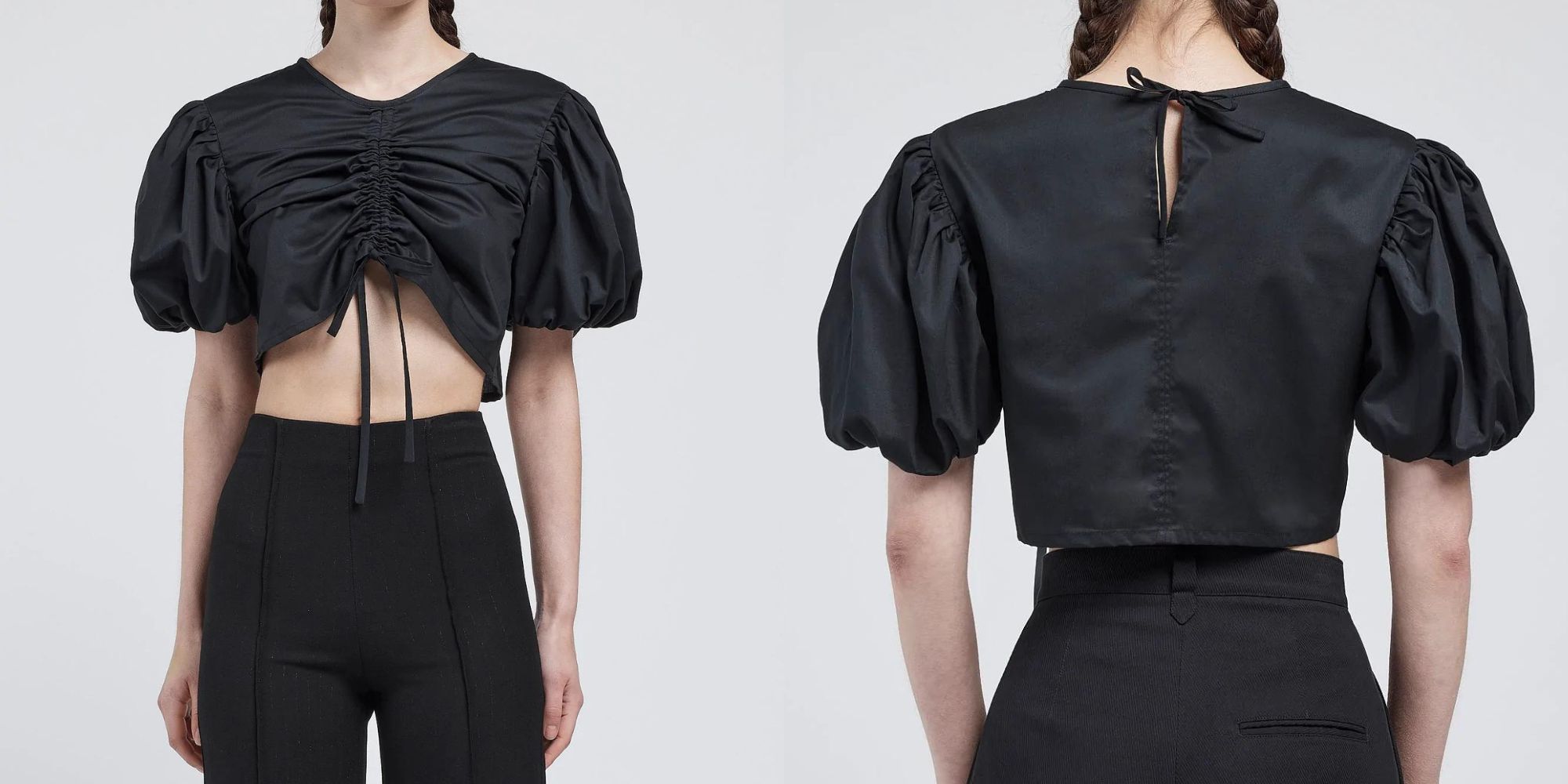 A cropped black puff sleeve top handmade by Kalaurie.