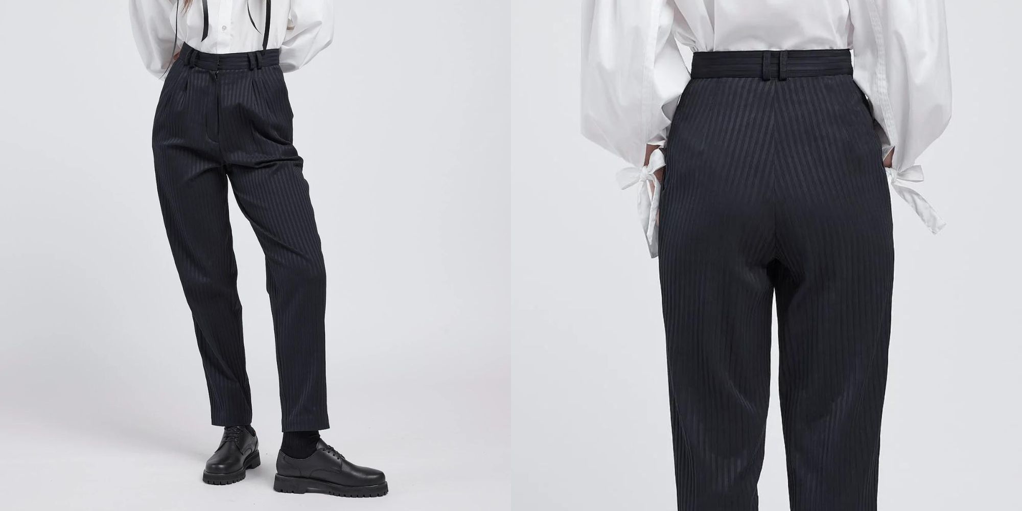Black striped tailored trousers responsibly made by Kalaurie.