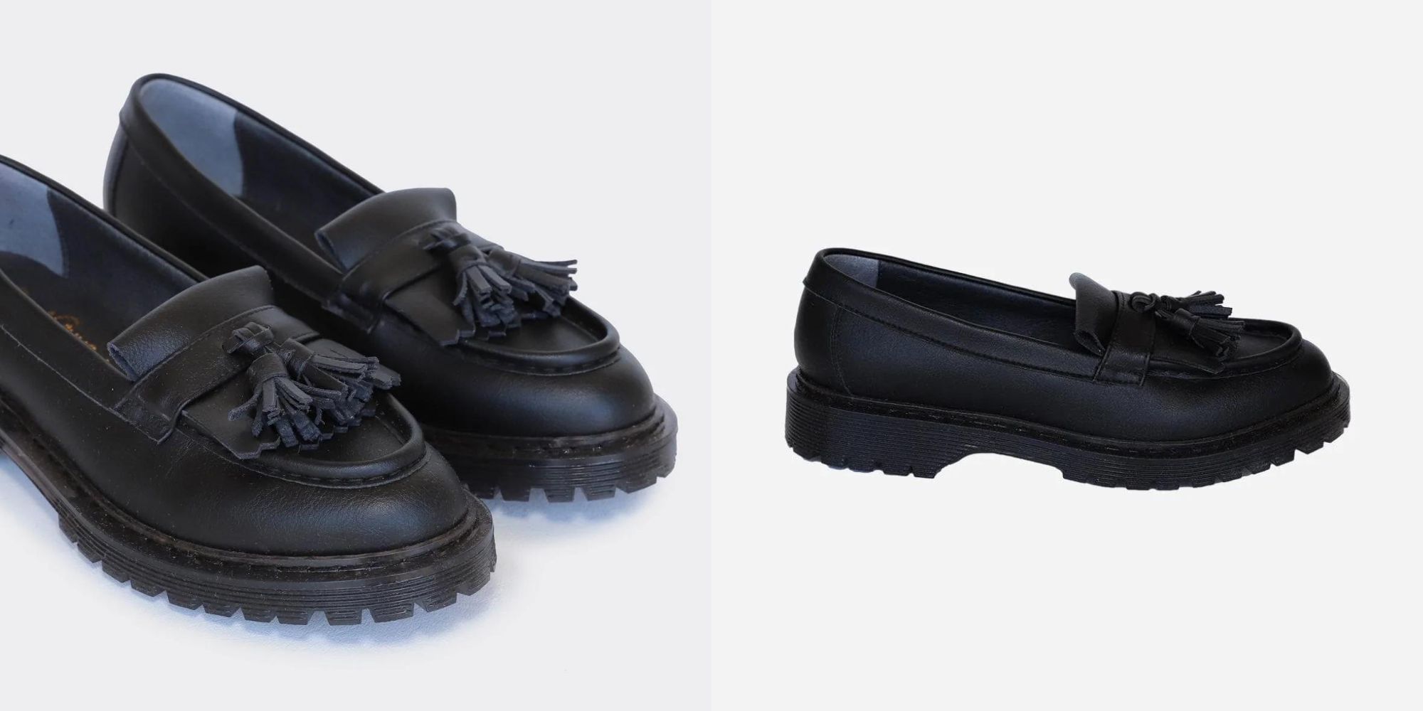 A black pair of vegan leather tassel chunky loafers by Good Guys.