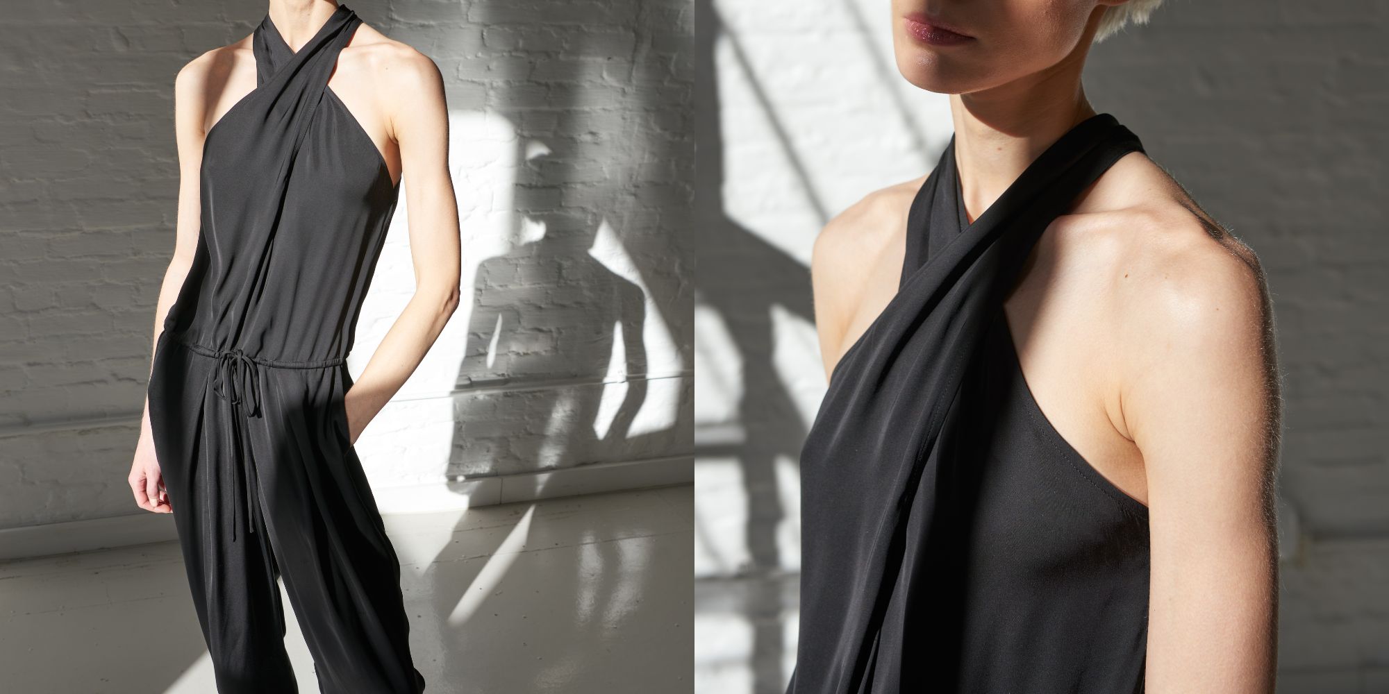 A black halter neck viscose jumpsuit by Minimalist.