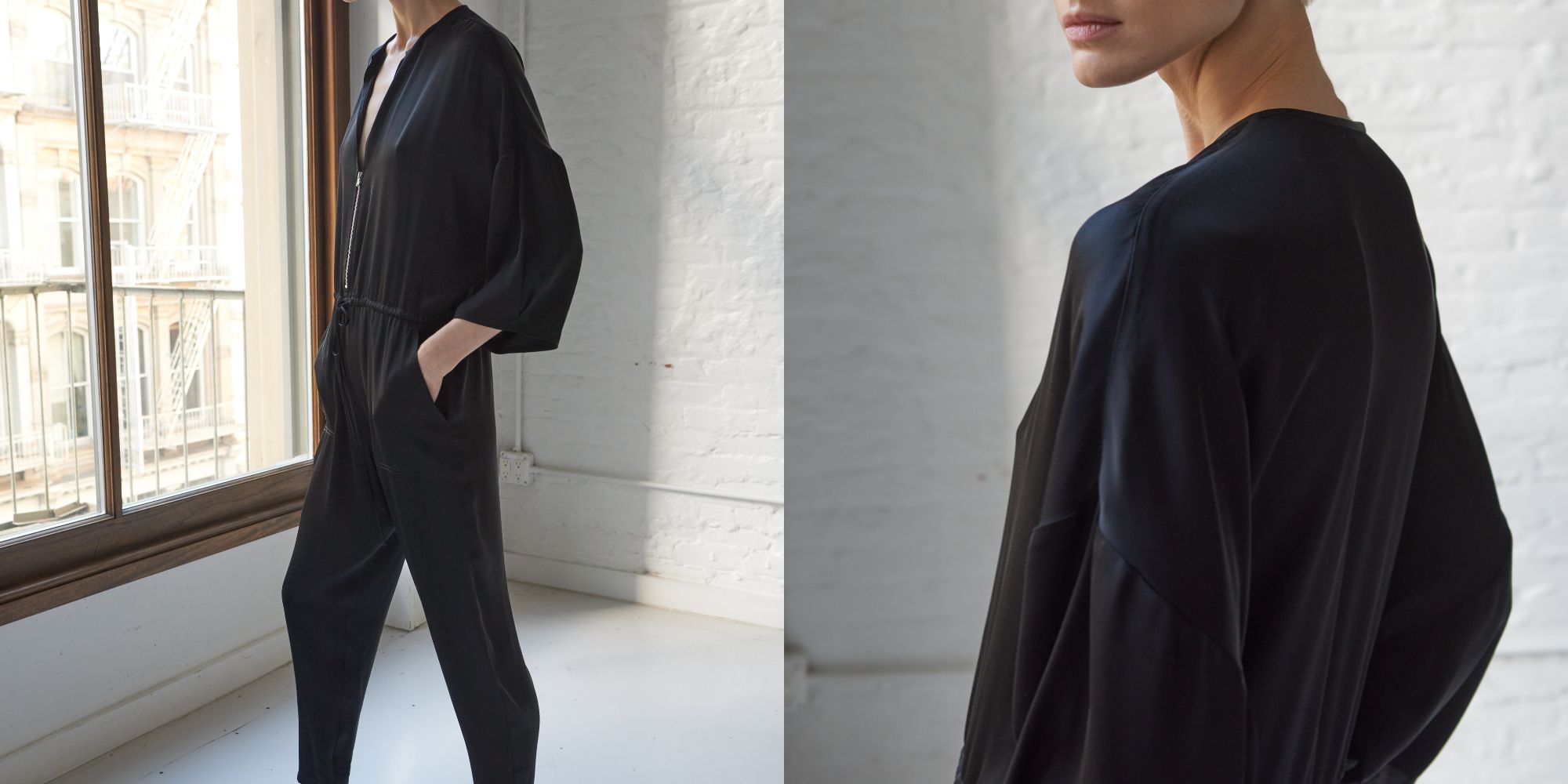 Black viscose jumpsuit designed by Minimalist.