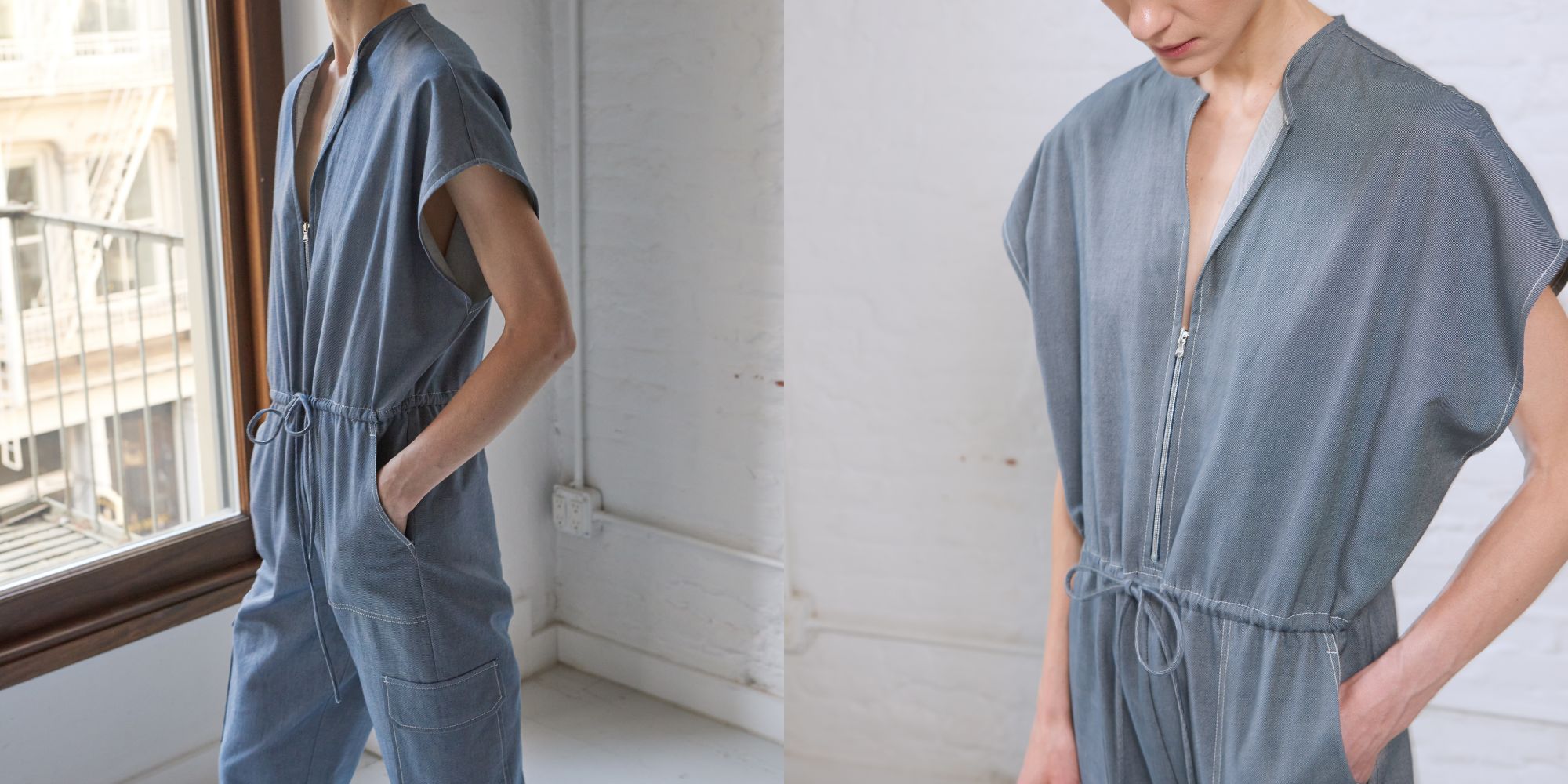 A blue V neck Japanese denim jumpsuit by Minimalist.