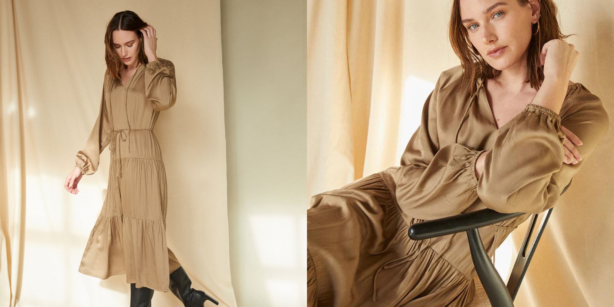 A khaki calf length long sleeve dress by Neu Nomads.