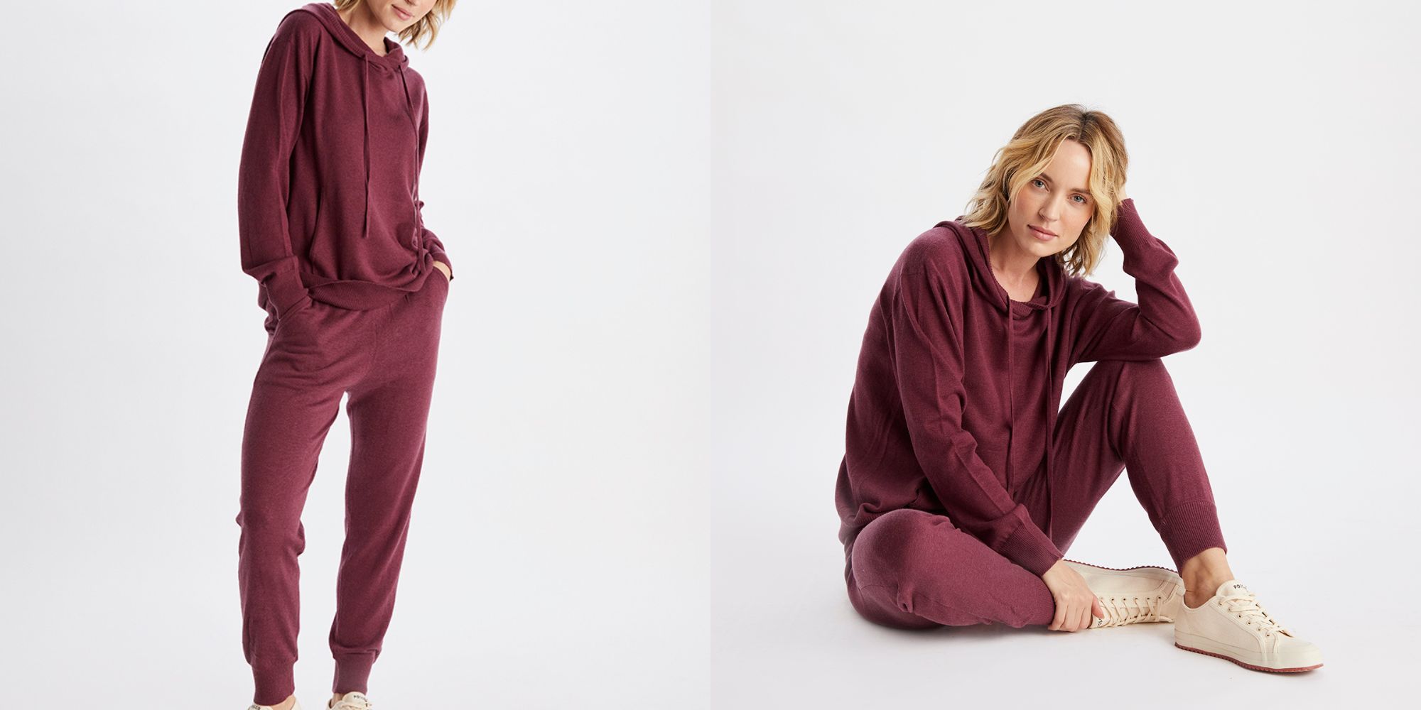 A deep plum hoodie and leggings cotton and cashmere set by Neu Nomads.