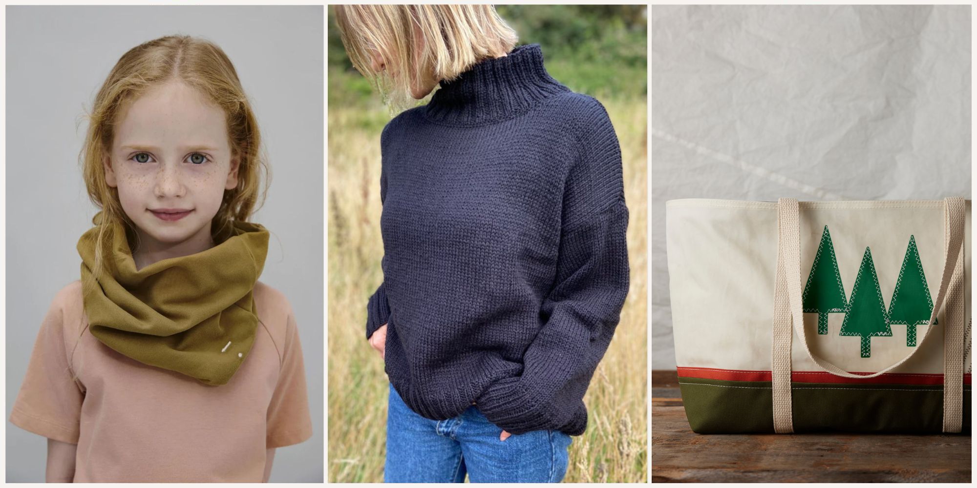 Three responsible fashion products side by side, a kids' scarf from Gray Label, a blue knitted sweater from Bunti, and an upcycled pine tree tote by Casco Totes.