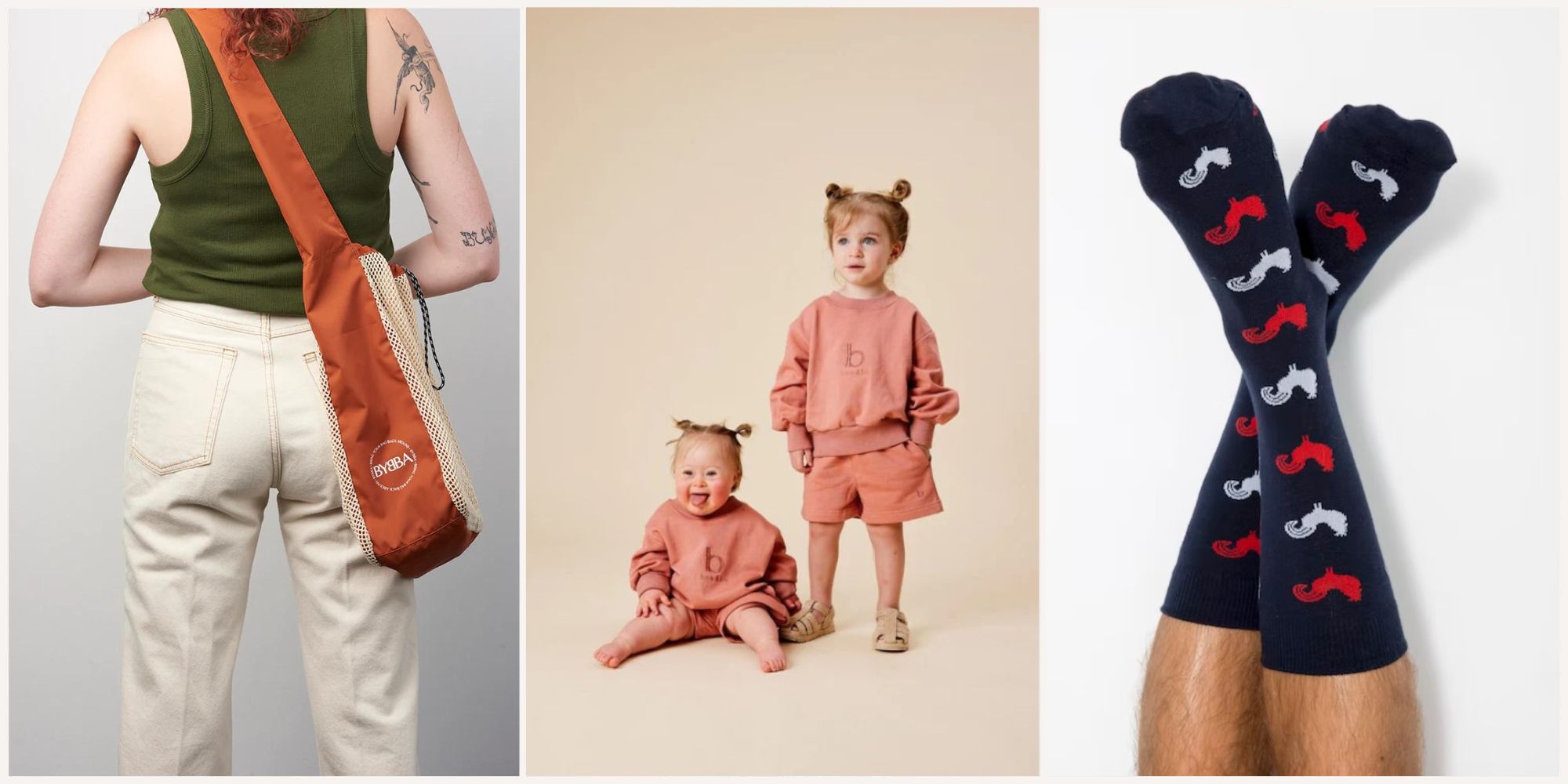 Three images side by side of a bag by BYBBA, baby clothes by Bow&Bo, and men's socks by Garcon Francais.