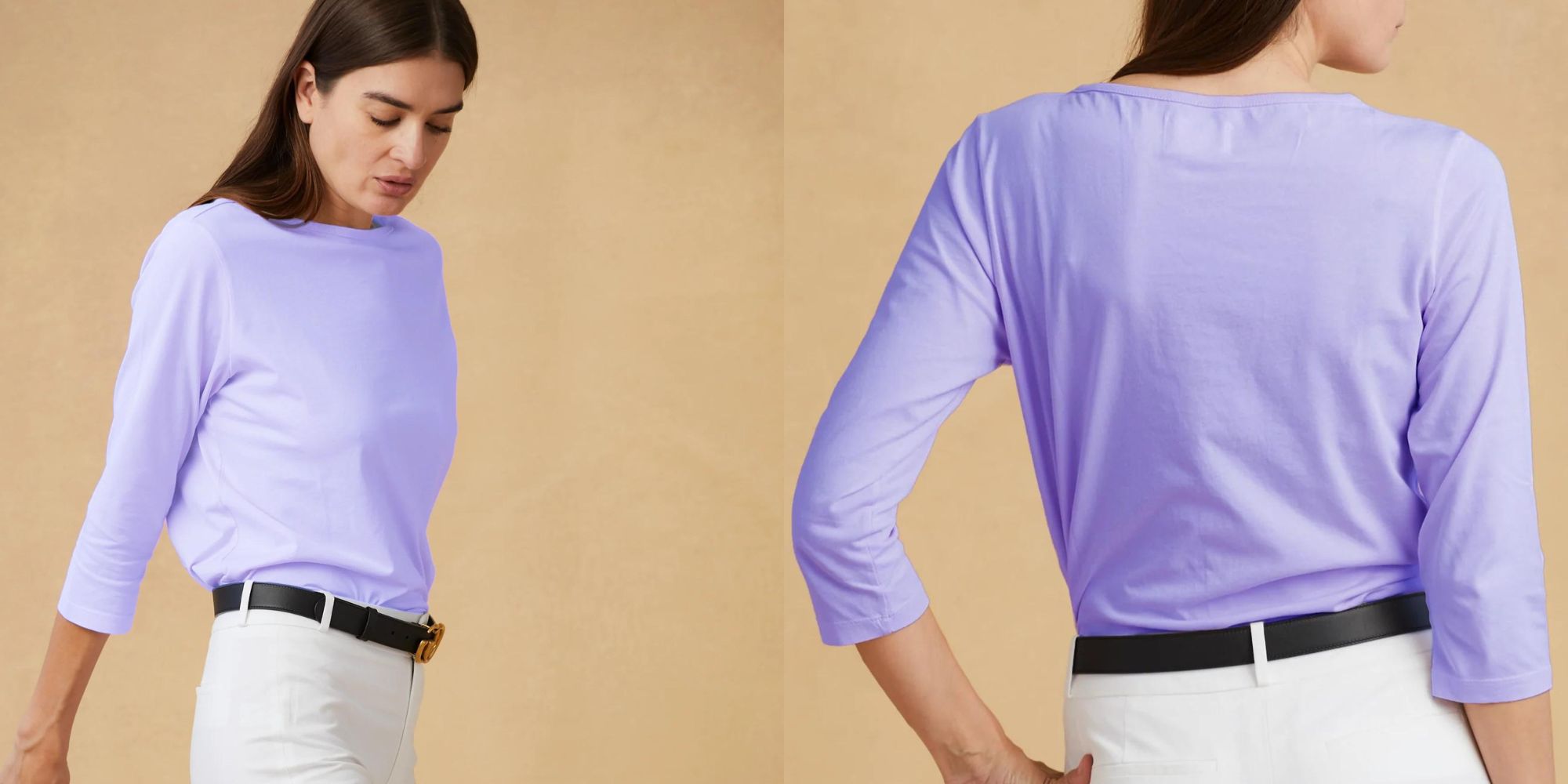 A lilac boat neck three quarter sleeve organic cotton t-shirt by The Classic T-Shirt Company.