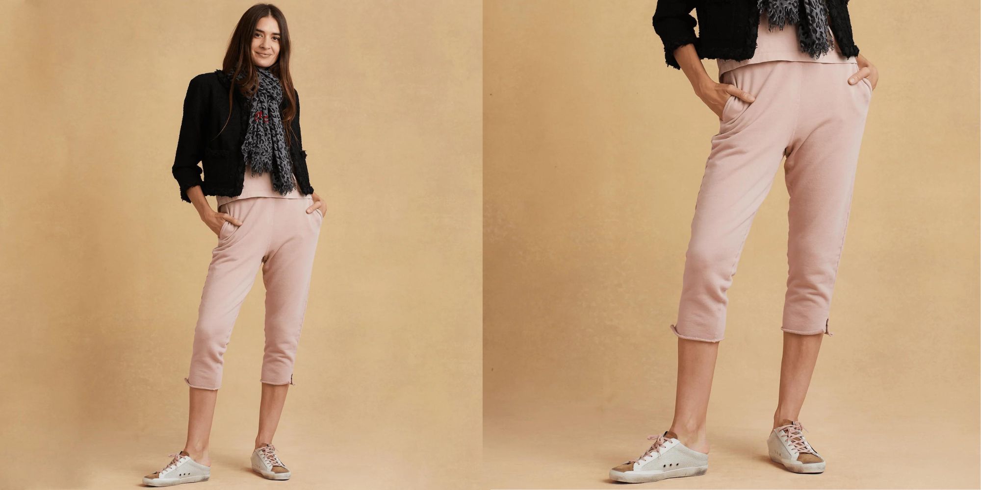 Pink three quarter organic French Terry women's track pants by The Classic T-Shirt Company.