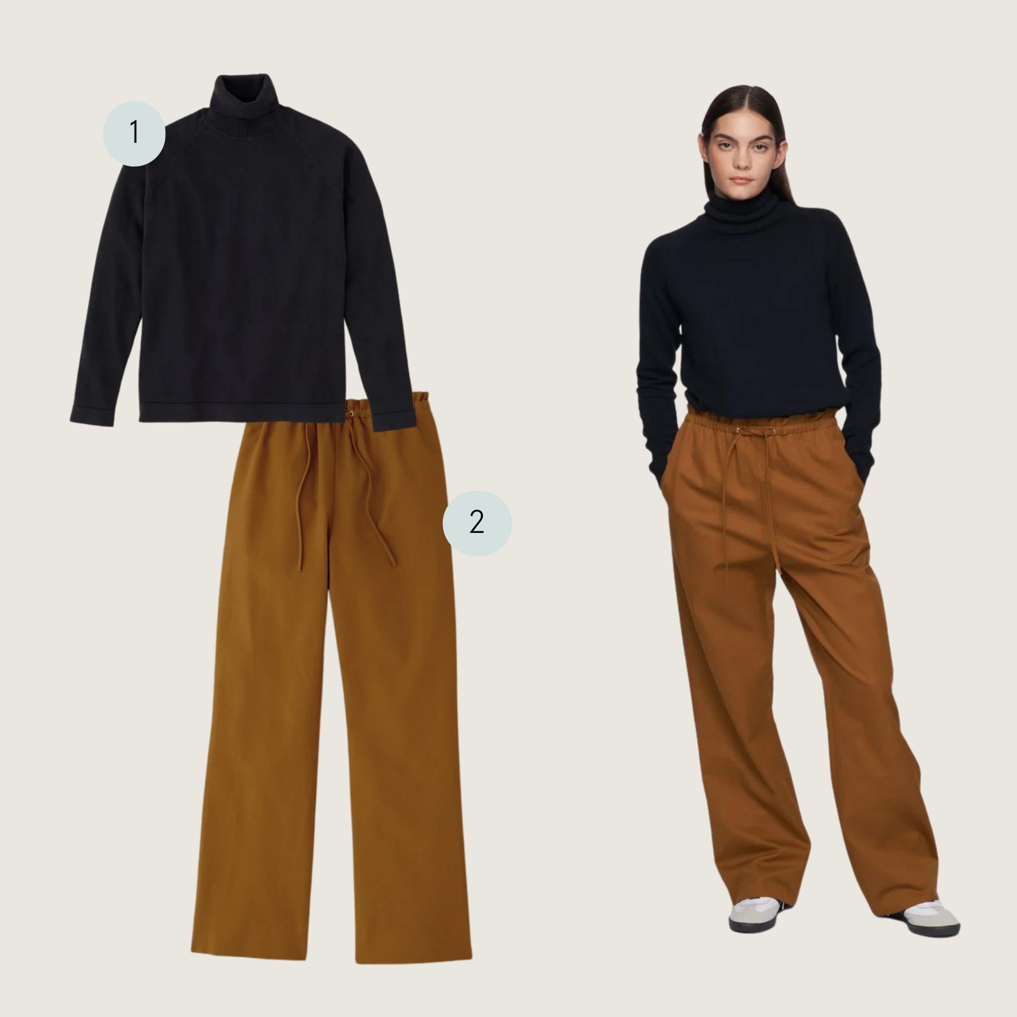 An aperitivo holiday outfit by Kotn featuring their black turtleneck lightweight sweater and ochre wide leg pull-on pants.