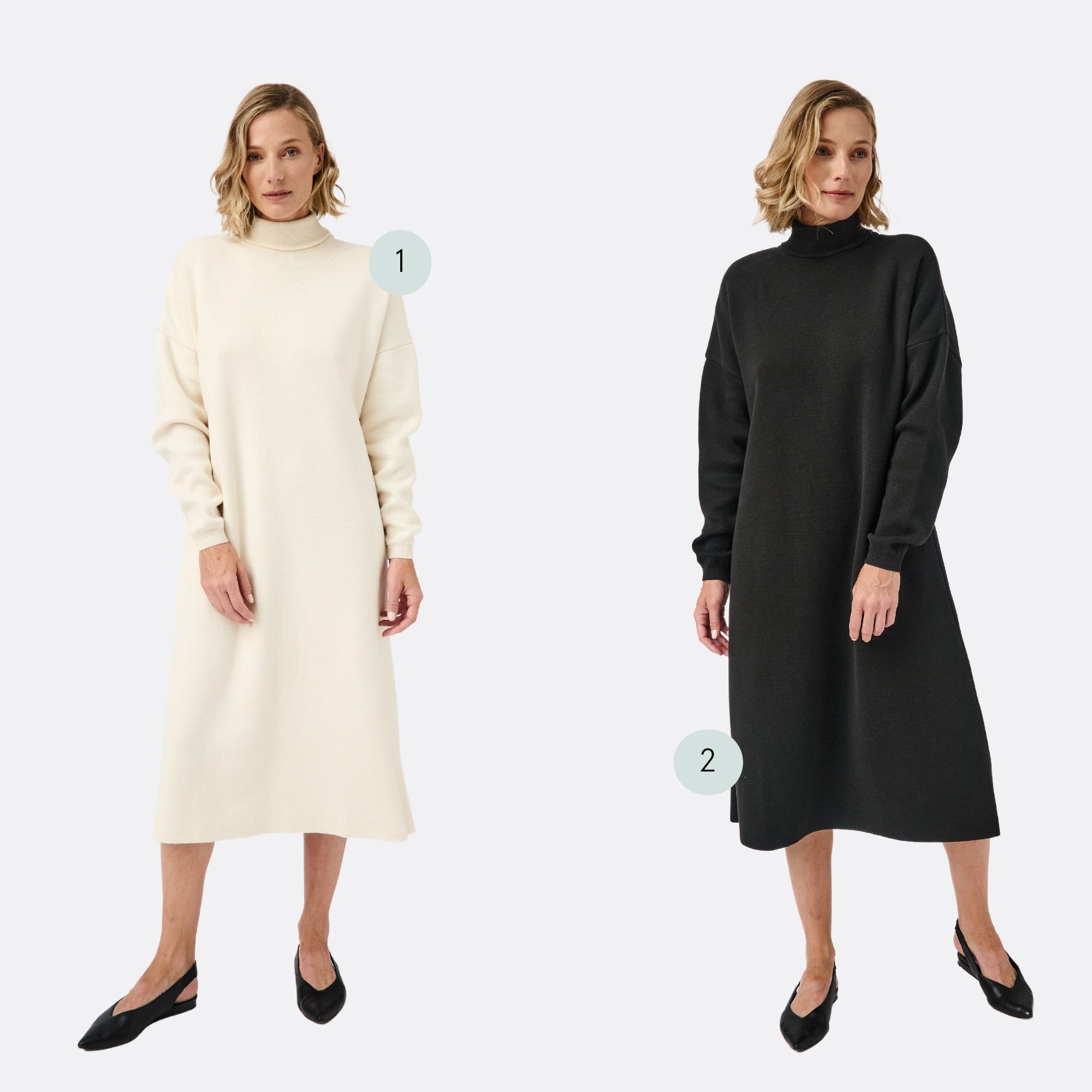 A cream and a black long sleeve turtleneck knitted dress by Mila.Vert.
