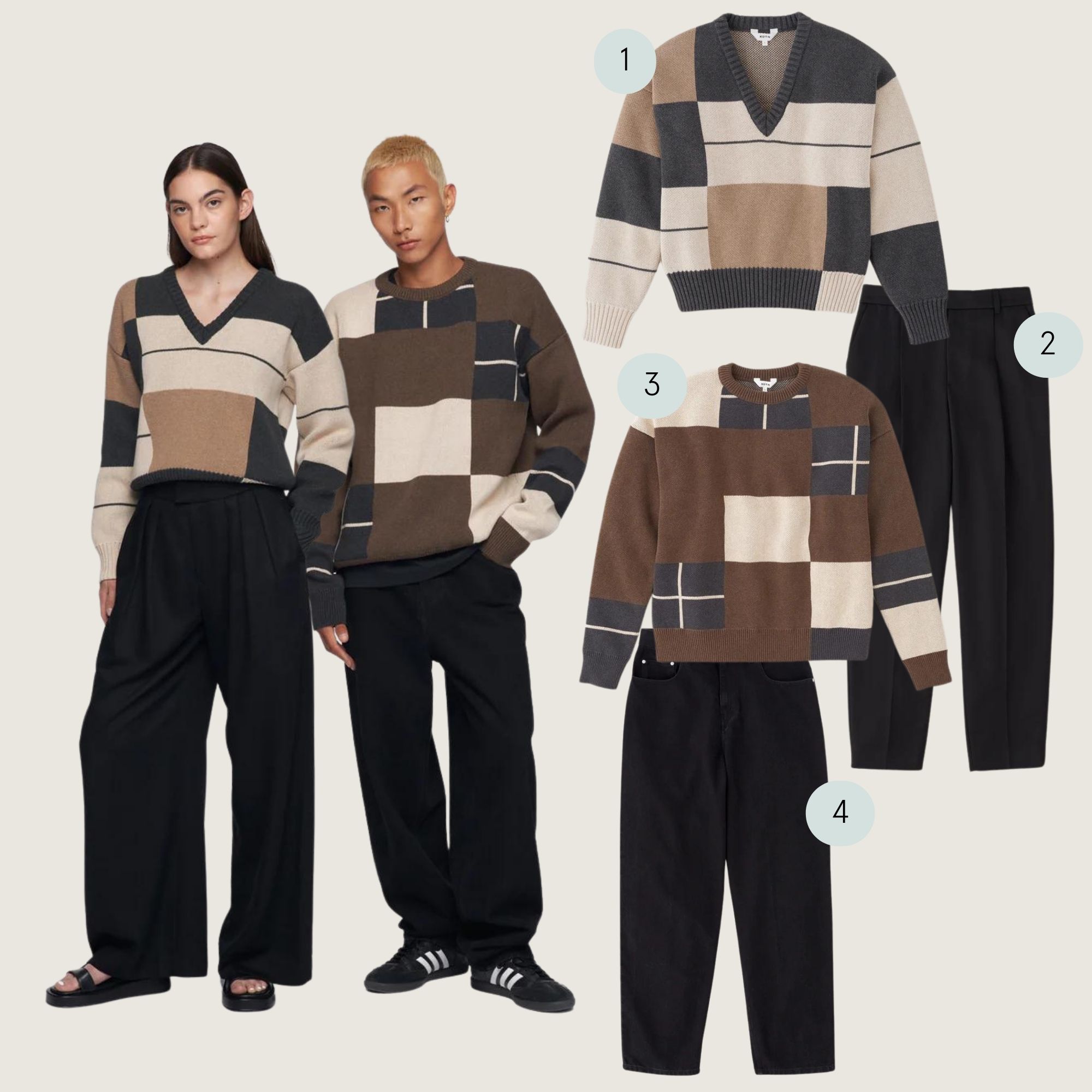 A matching Christmas lunch outfit featuring Kotn's block printed sweaters, black wide leg trousers, and unisex black denim pants.