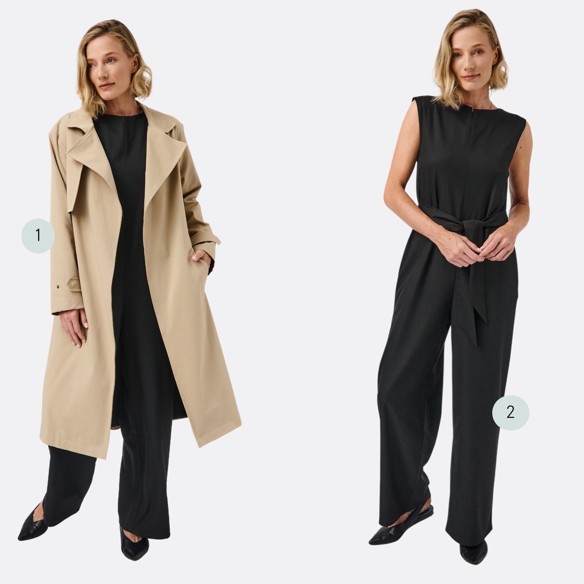 A beige trench coat and black short sleeve jumpsuit by Mila.Vert.