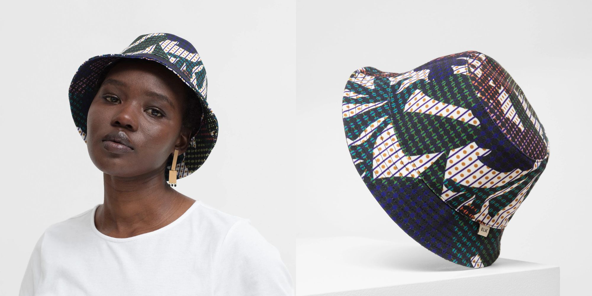 A colourful printed bucket hat responsibly-made by Elk.
