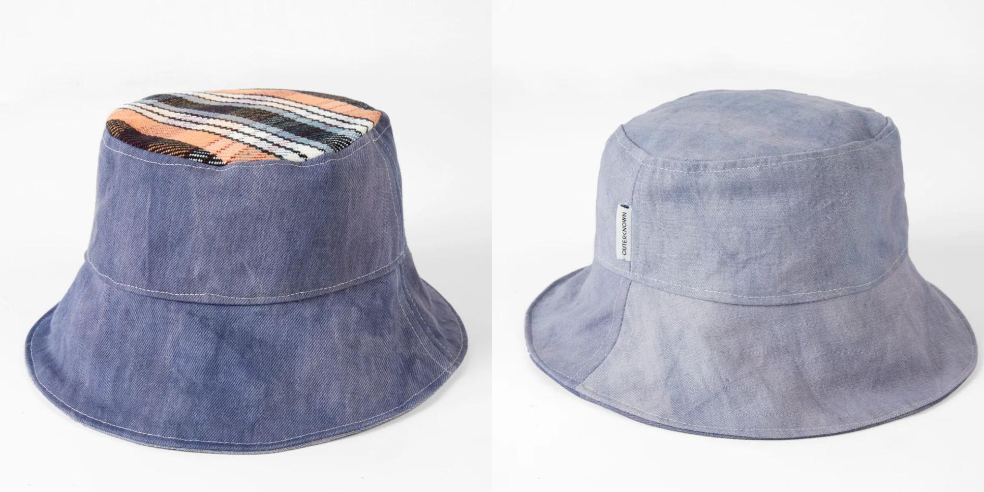A reversible denim and upcycled shirt bucket hat made by Outerknown.