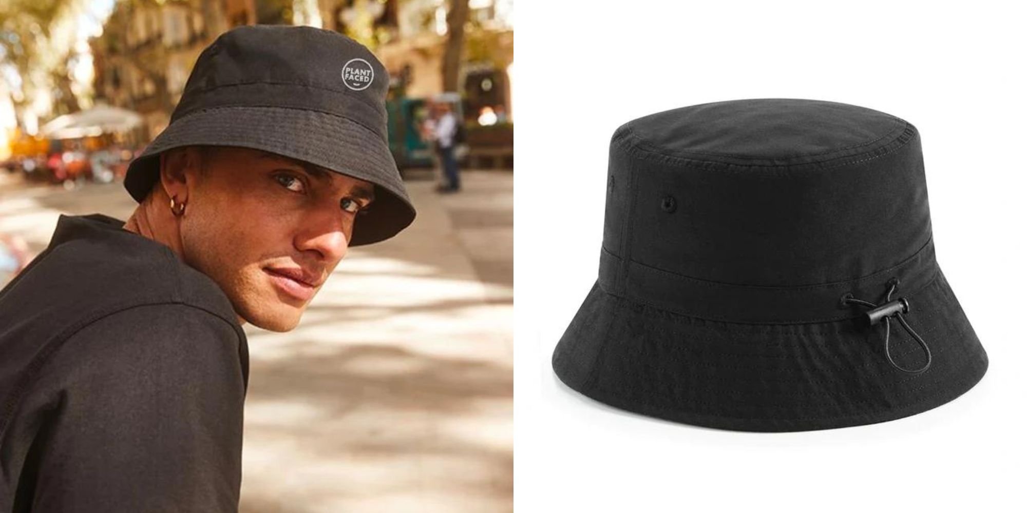 A black recycled polyester drawstring bucket hat by Plant Faced.