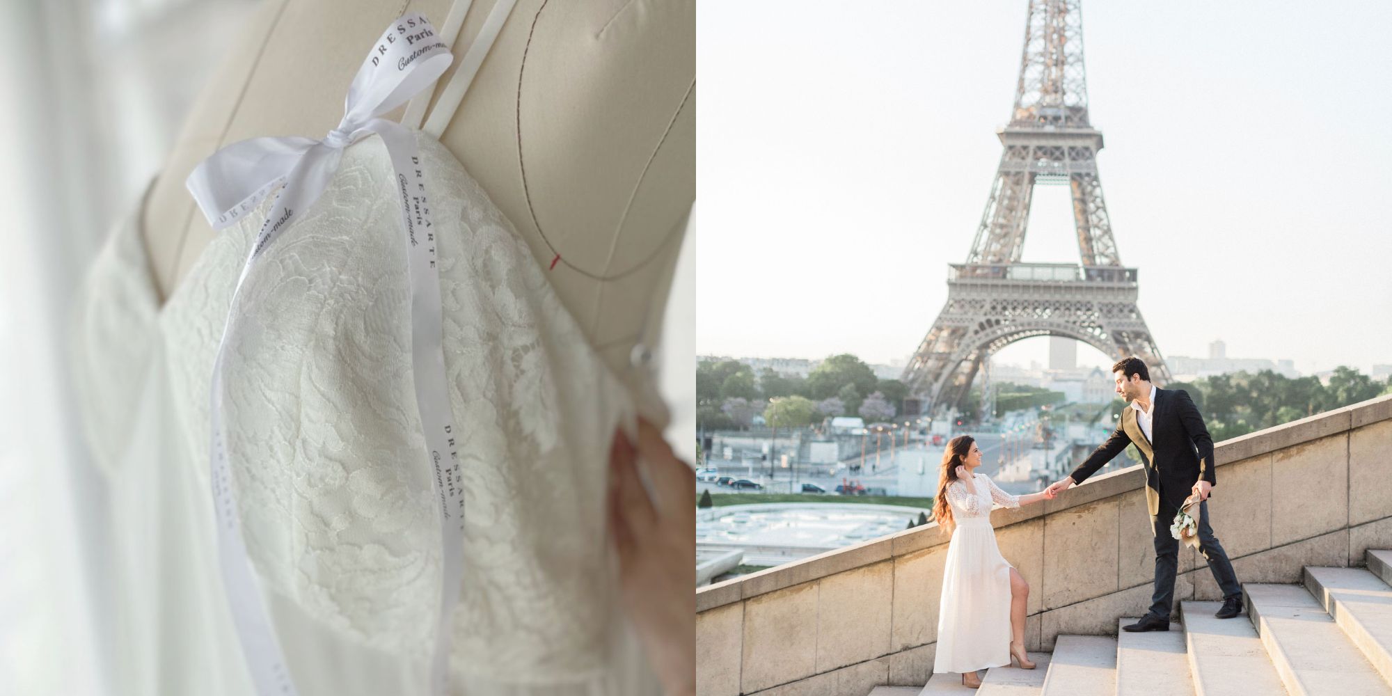 A custom made wedding dress by Dressarte Paris in front of the Eiffel Tower.