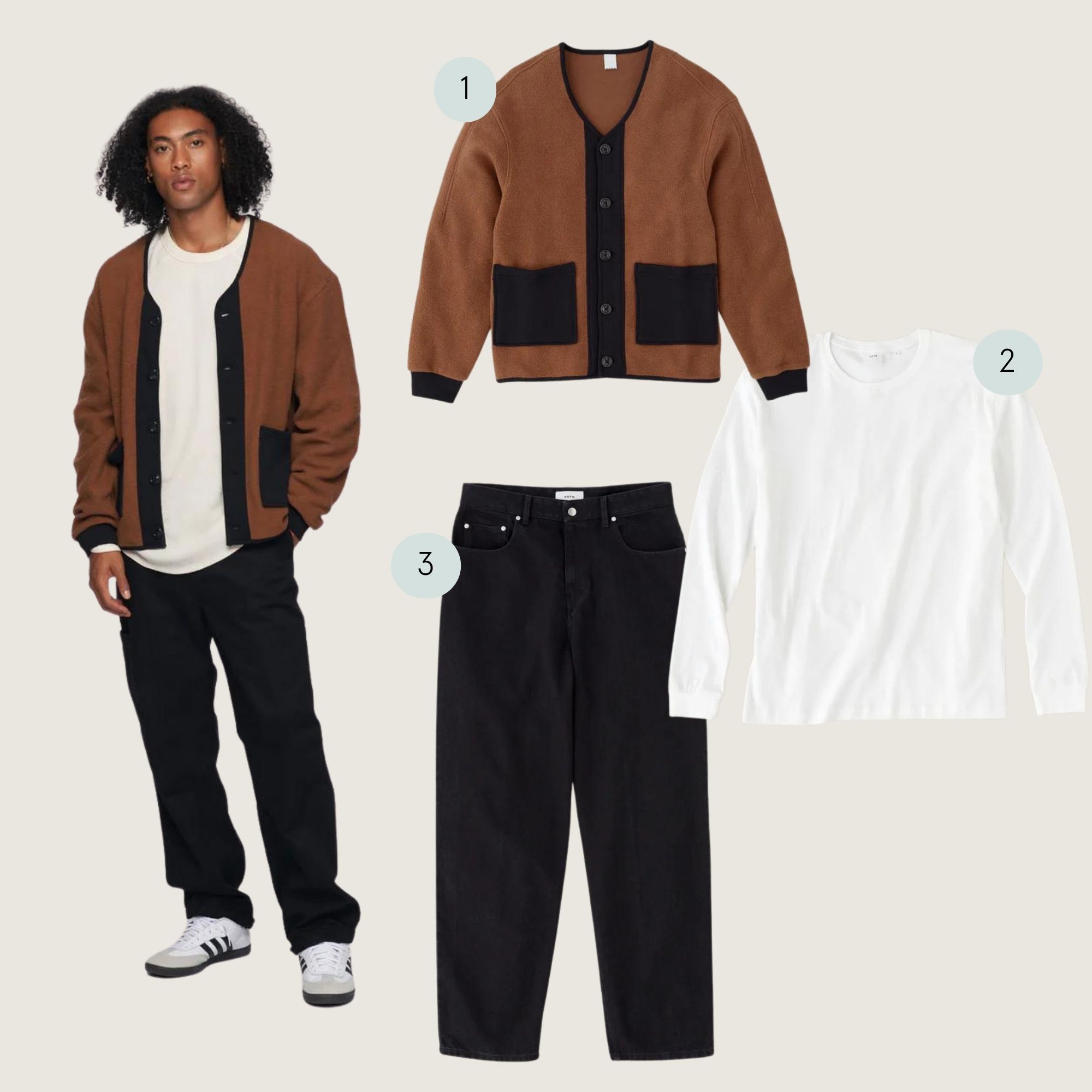 A menswear aperitivo outfit featuring a brown and black cardigan, black unisex denim jeans, and a white longsleeve thermal top.