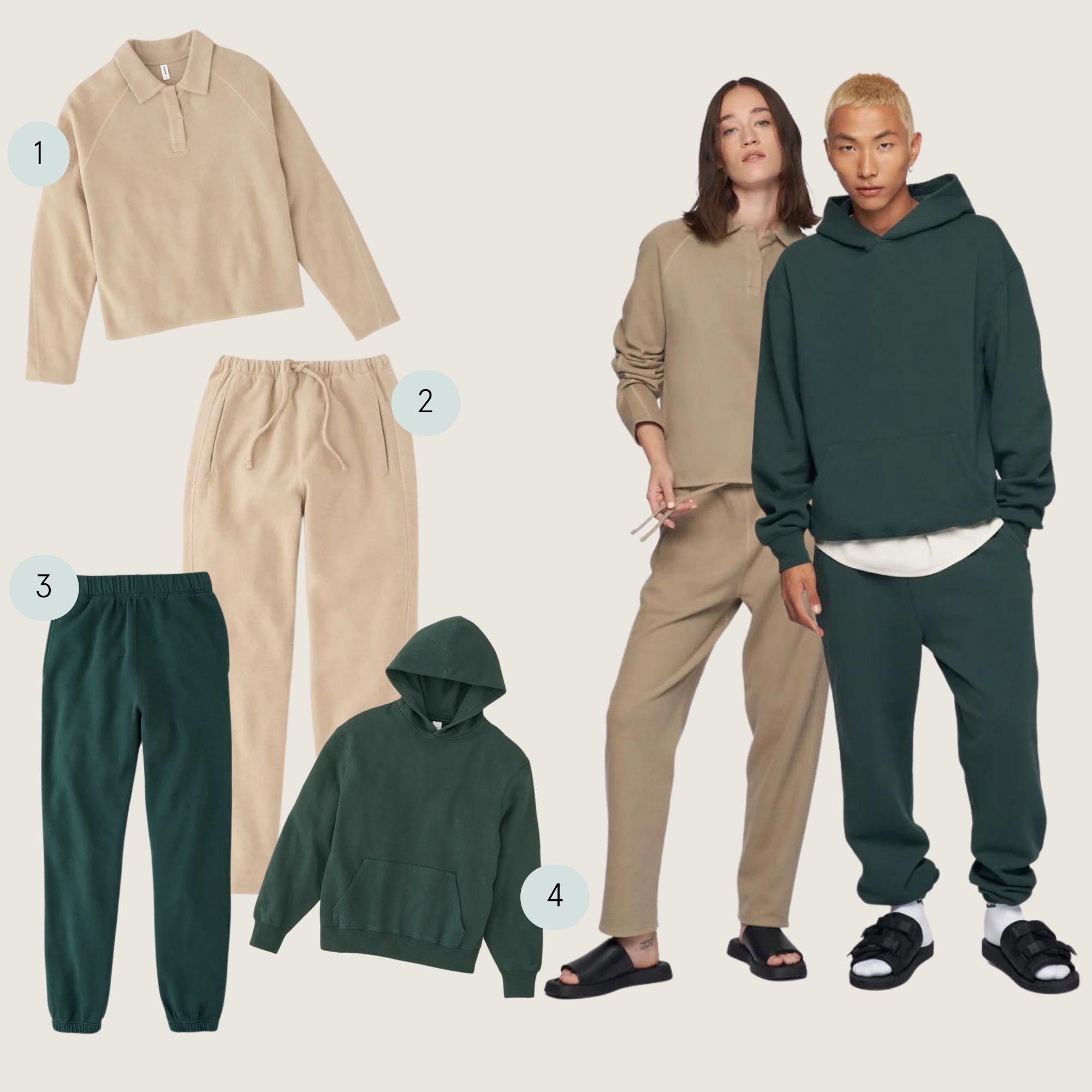 A move night loungewear matching set couples outfit featuring a brown polo and brown joggers, and a green hoodie and green joggers by Kotn.