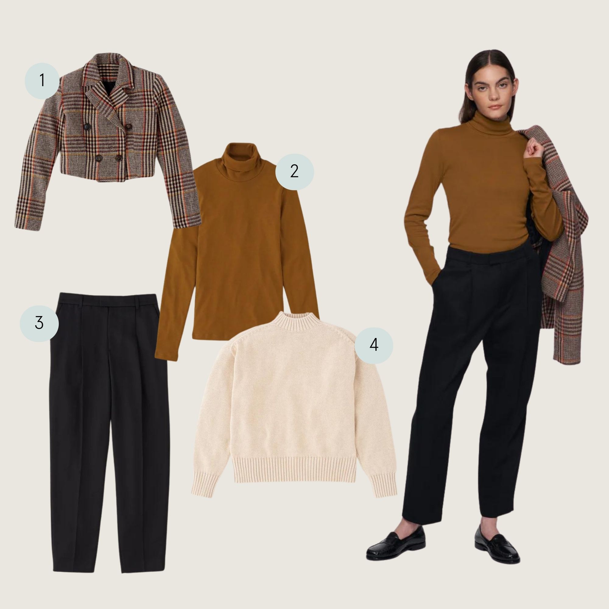 An office party outfit by Kotn featuring a plaid crop jacket, brown turtleneck, cream mock neck sweater, and black pleated pants.