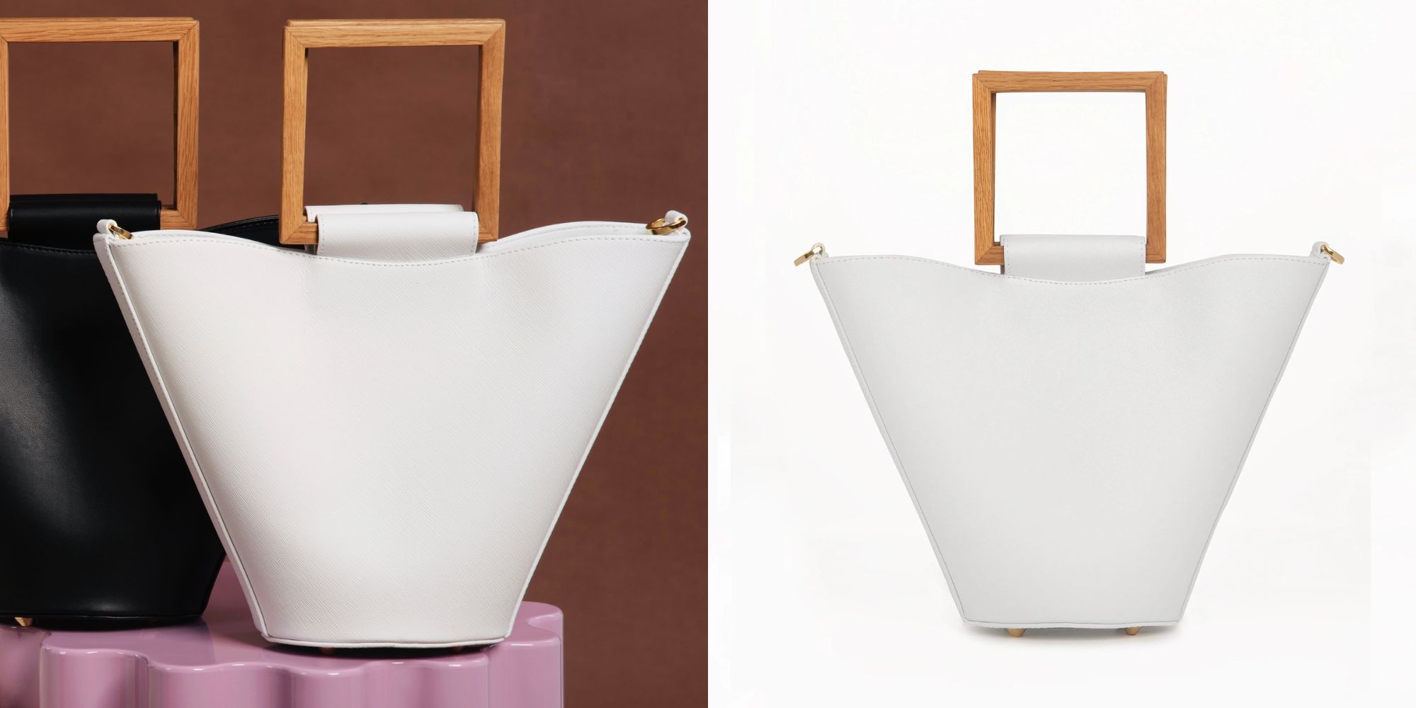 A large white vegan tote handbag with an upcycled wooden handle by Mashu.