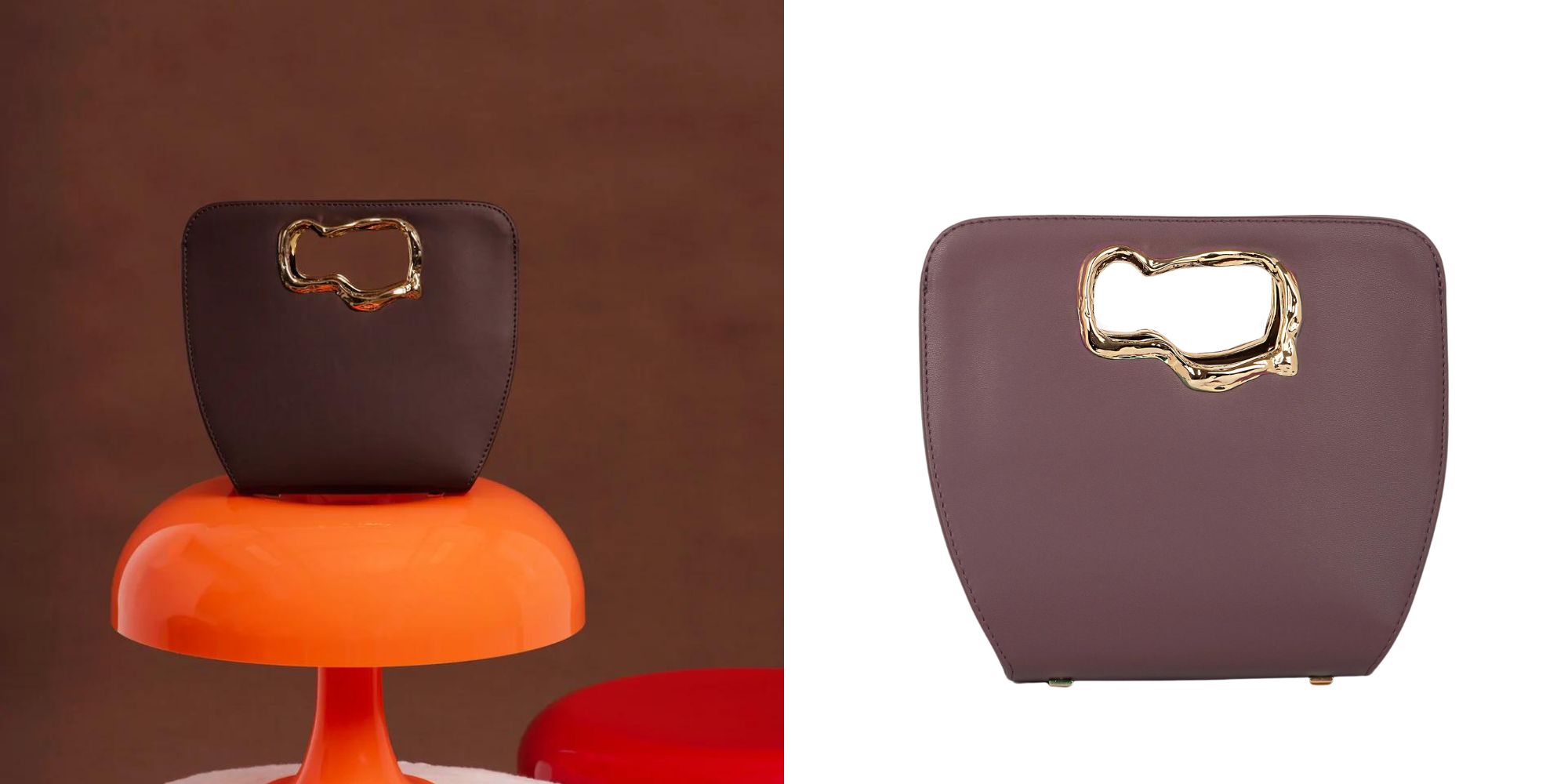 A brown luxury vegan Mashu handbag with a wiggly gold handle.