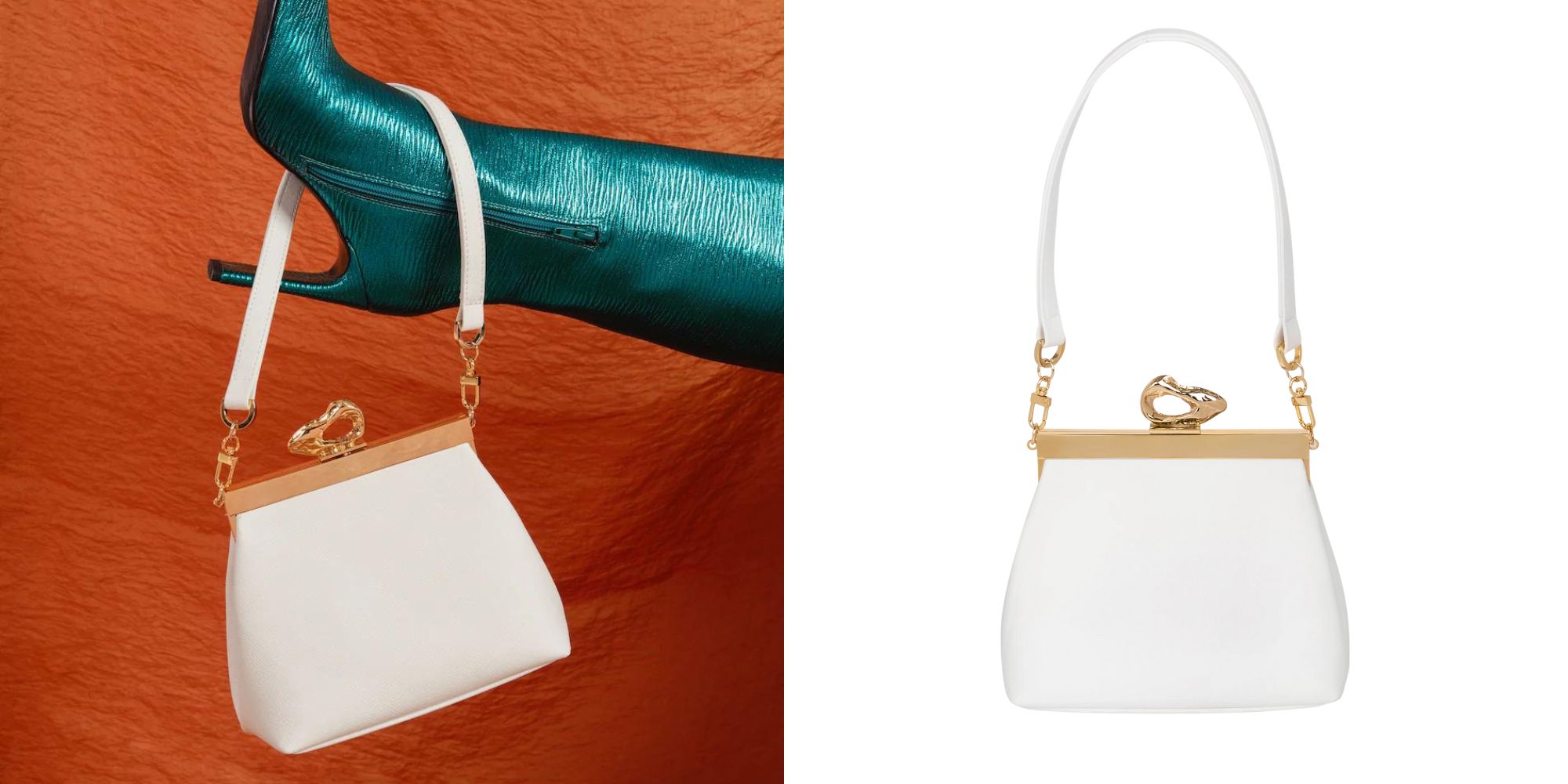 A small white vegan handbag by Mashu with a gold clasp.
