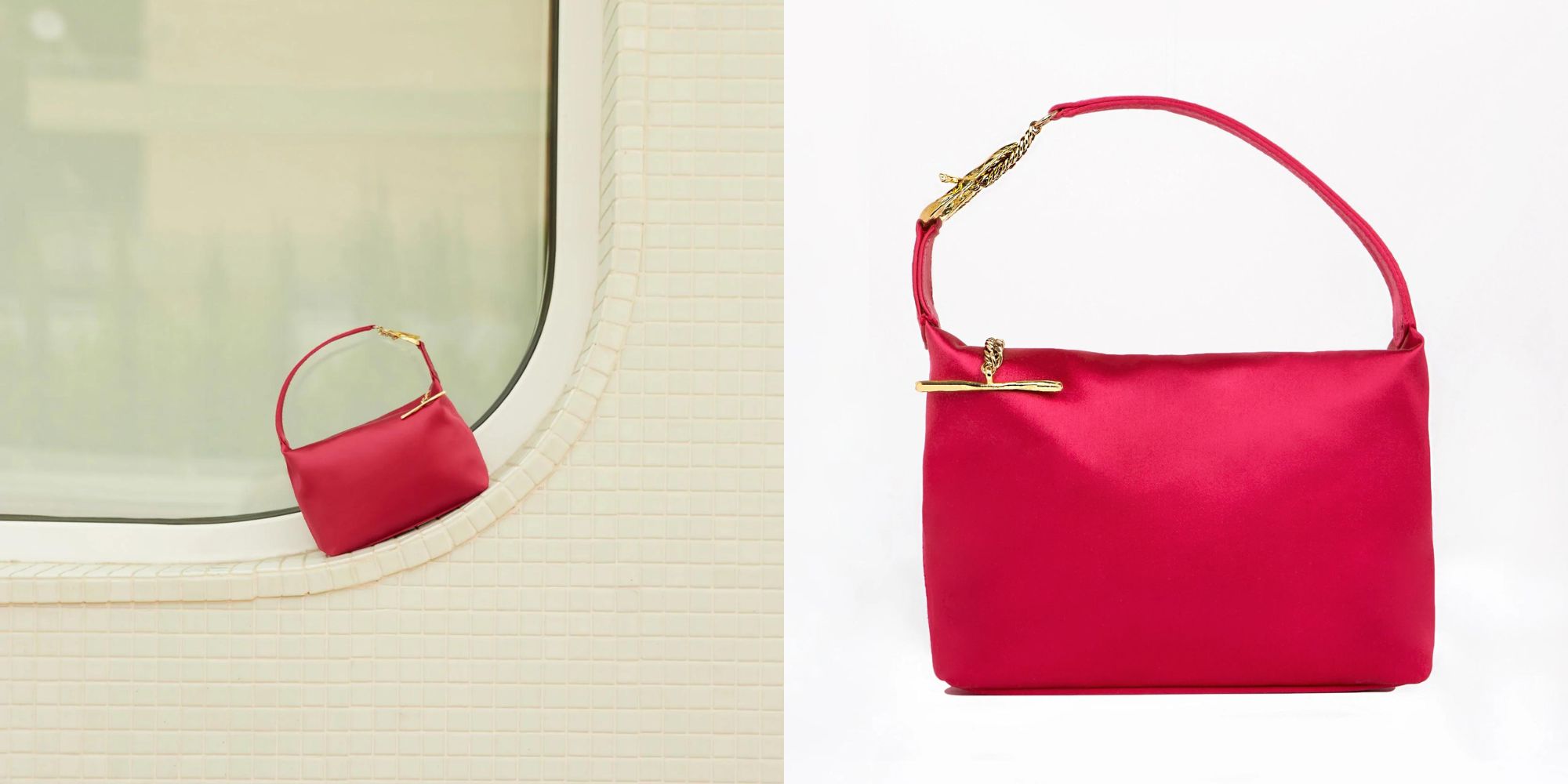 Pink satin sustainable handbag by Mashu.