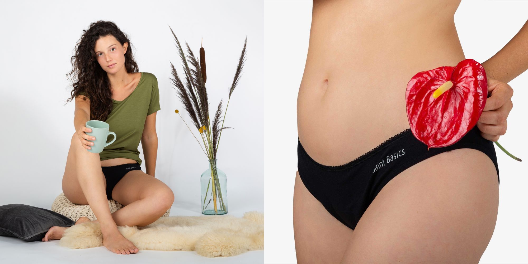 Someone wearing the black St. Beatrice period underwear responsibly designed by Saint Basics.