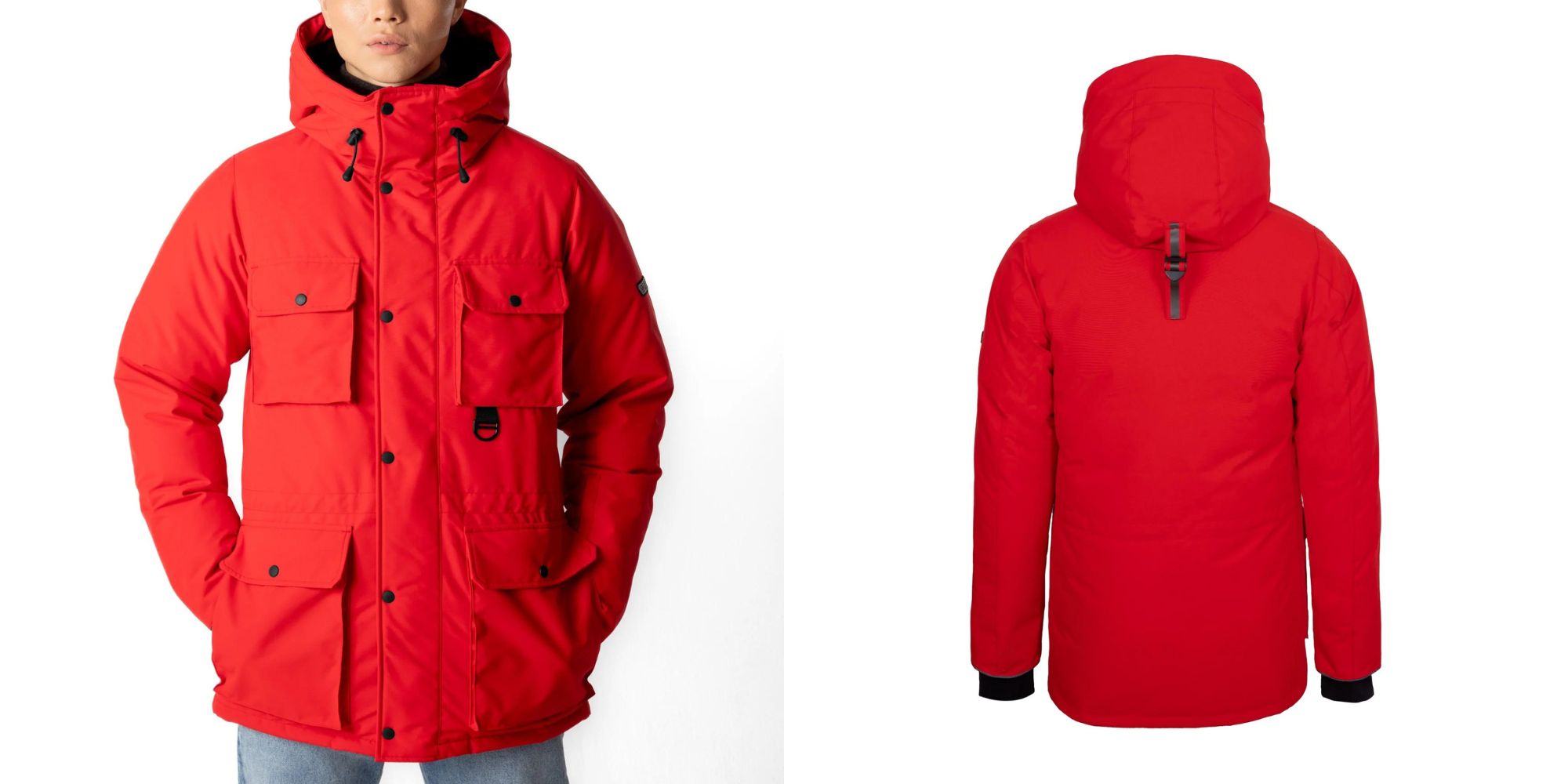A bright red insulated parka with multiple pockets by Wuxly Movement.
