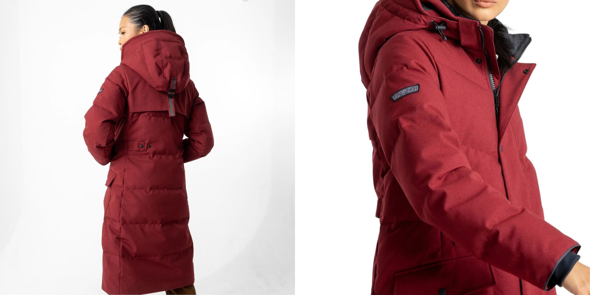 A merlot red long women's warm parka by Wuxly.