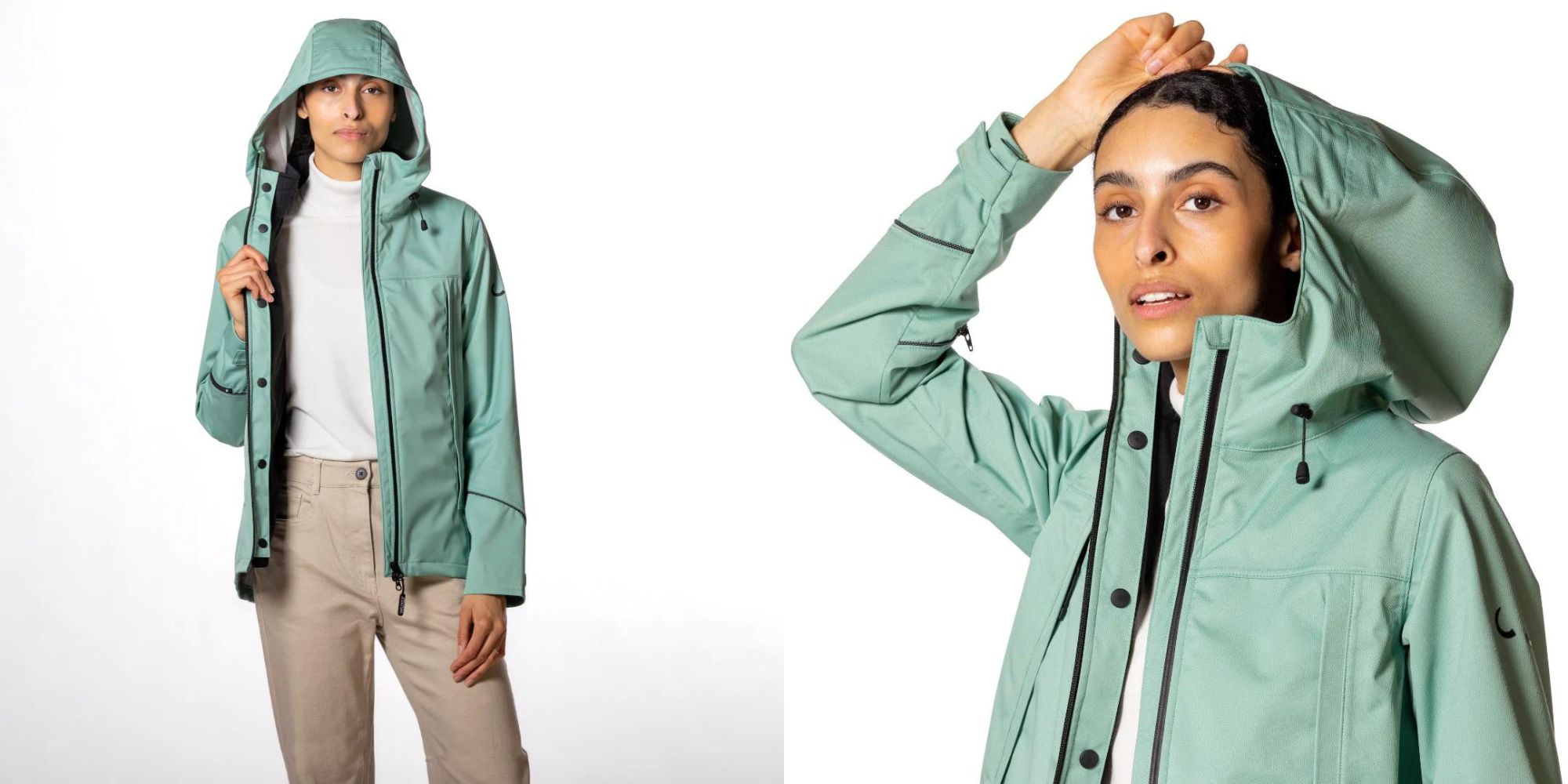 A mint green waterproof shell jacket layer by Wuxly.