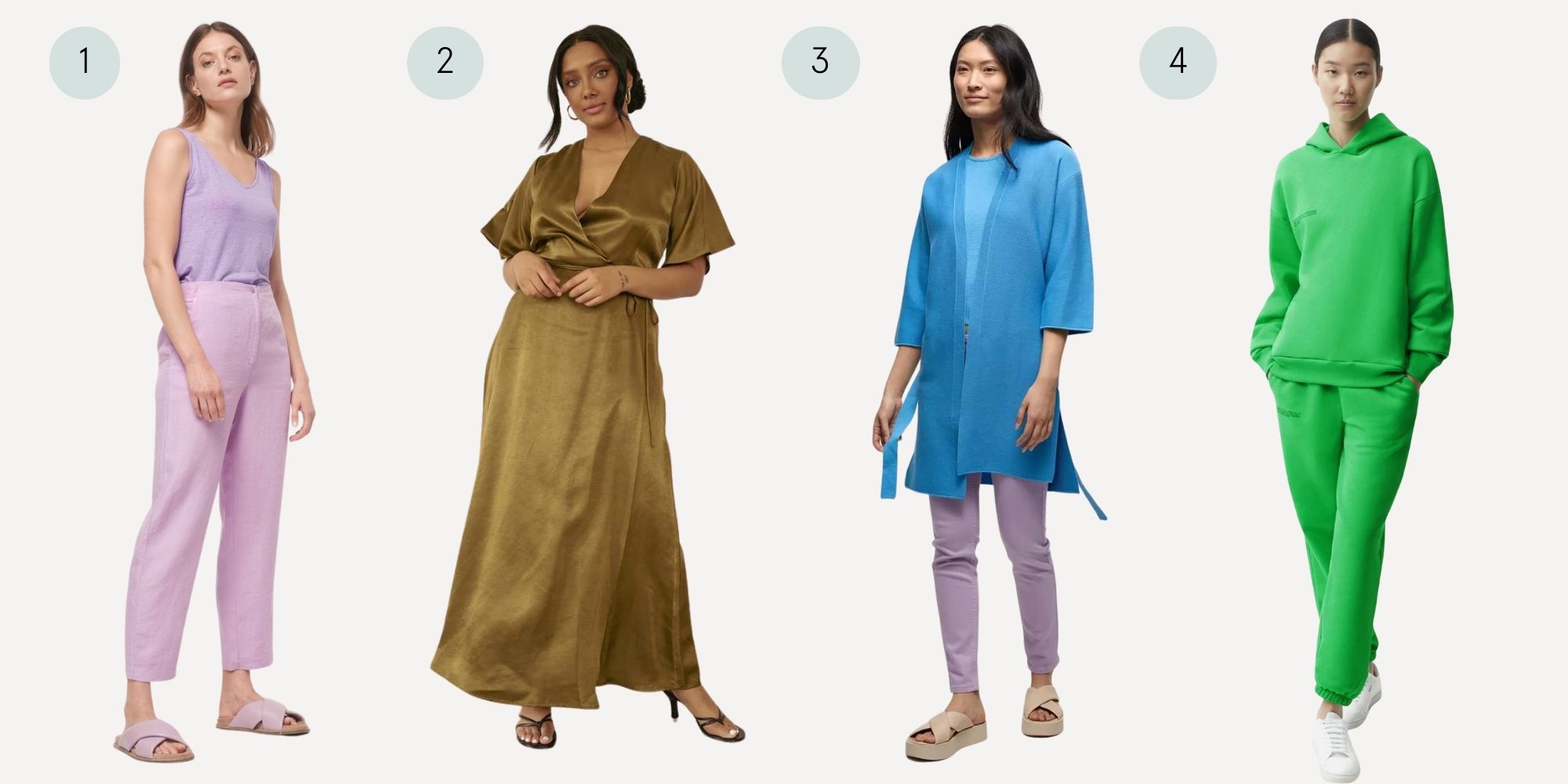 Four outfits representing the summer, autumn, winter, and spring styles from responsible brands.
