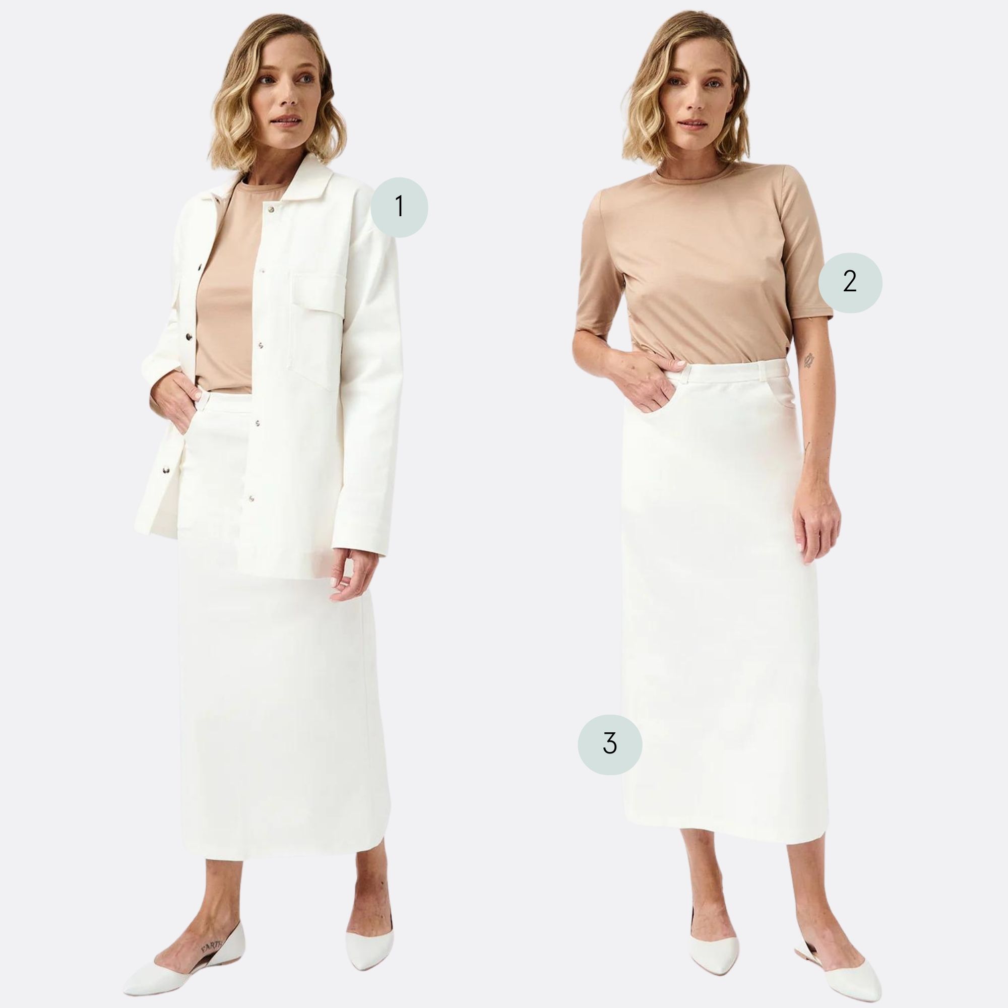 White maxi denim skirt and jacket combo designed responsibly by Mila.Vert.