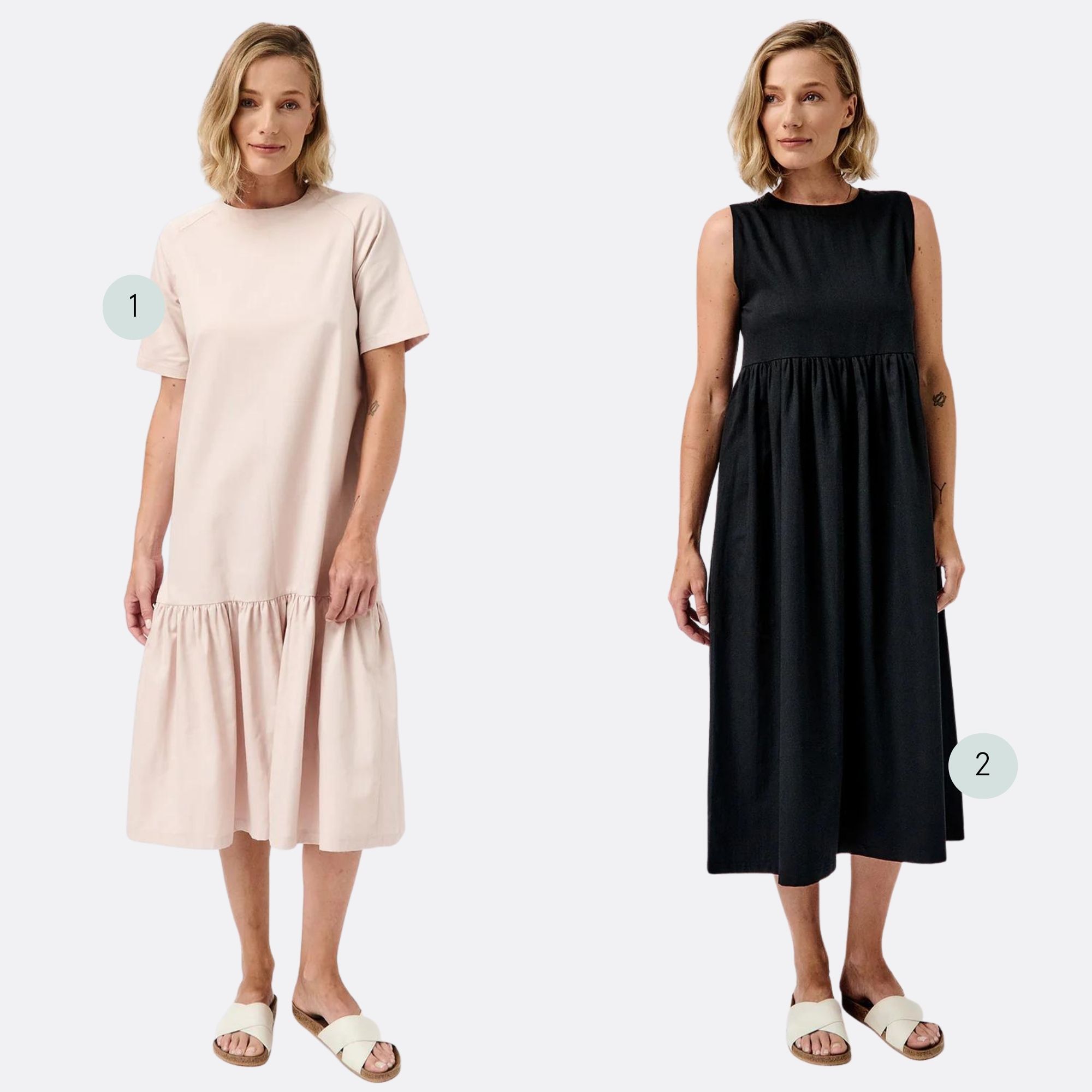 A pink and a black midi dress in organic cotton made by Mila.Vert.