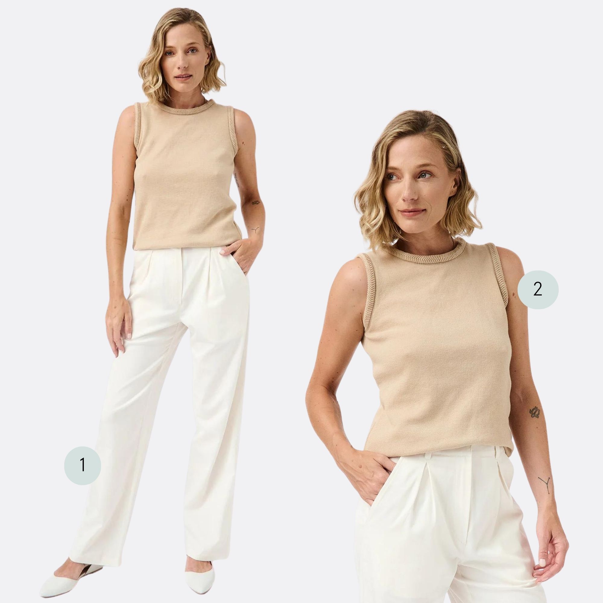 A beige sleeveless top with herringbone detailing paired with white pleat trousers by Mila.Vert.
