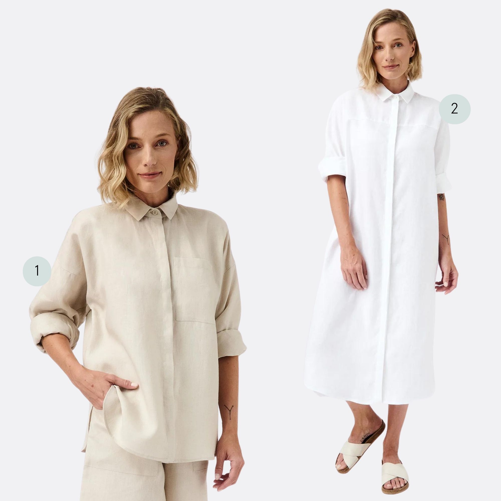 A sand linen shirt and a white button up linen dress made by Mila.Vert.