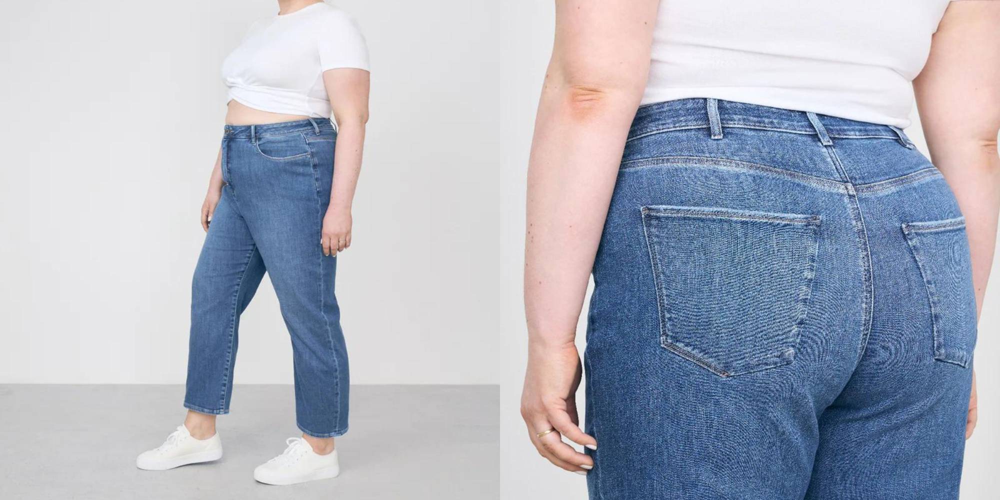 A person wearing o-shaped, organic blue denim jeans by Dawn Denim.