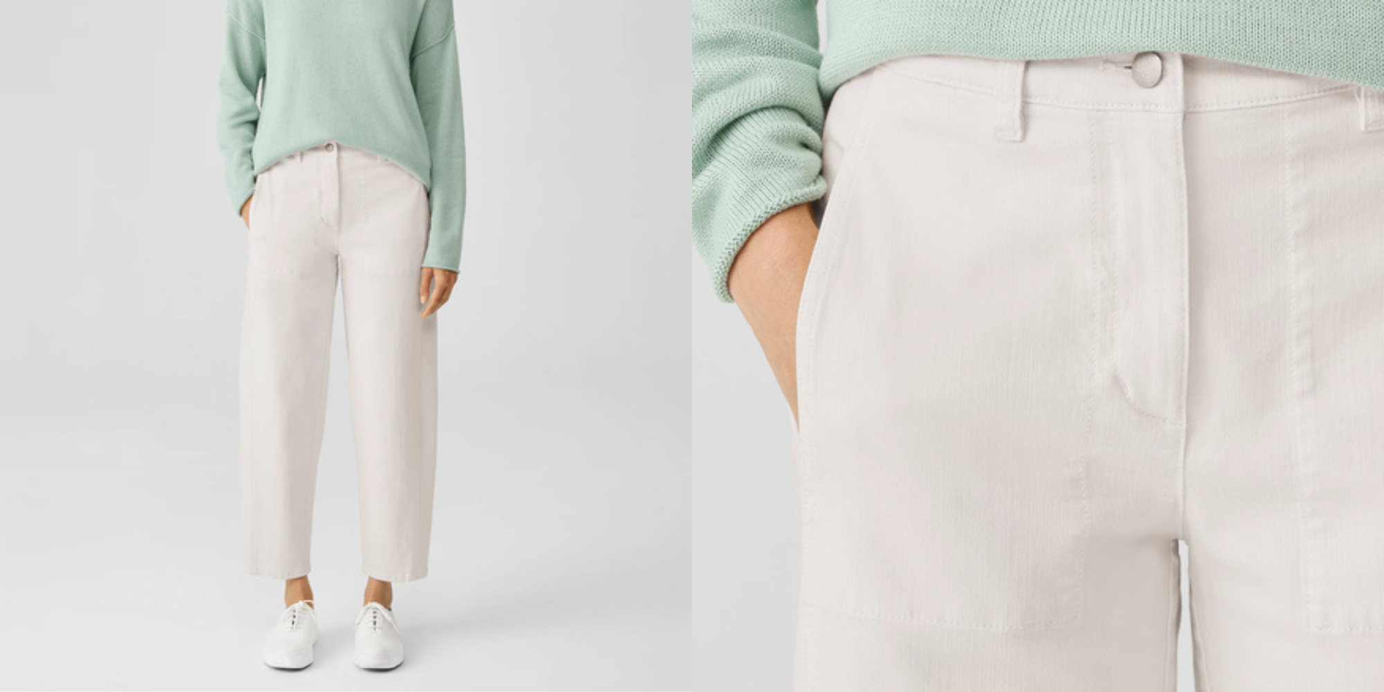 A pair of undyed, white loose fit denim jeans from Eileen Fisher.